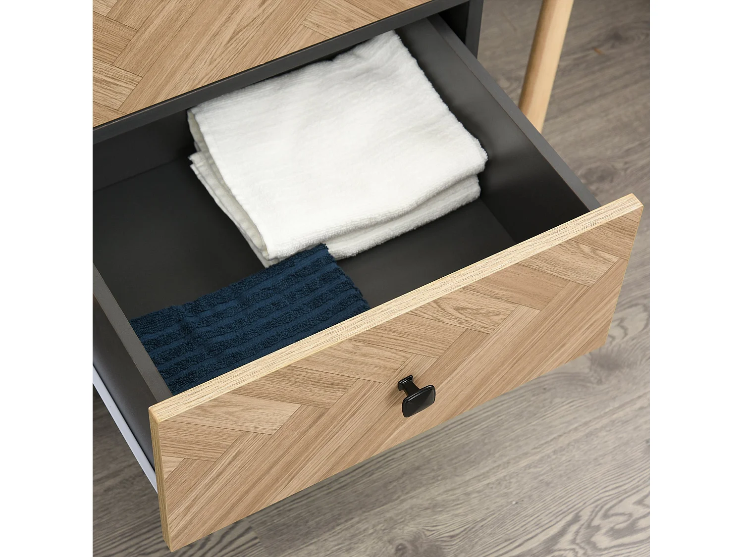 Belavyn Dark Grey Wood Grain Wardrobe 90x50x190cm with Hanging Rods Shelves and 2 Drawers