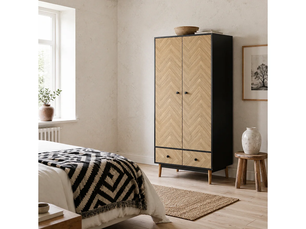 Belavyn Dark Grey Wood Grain Wardrobe 90x50x190cm with Hanging Rods Shelves and 2 Drawers