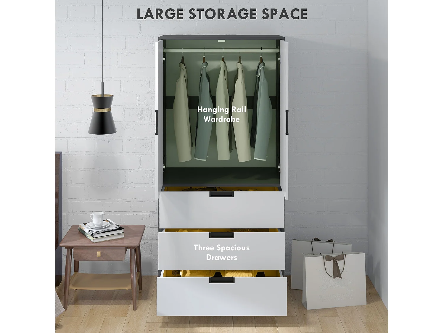 Corario 2 Door Wardrobe with 3 Drawers and Hanging Rail Grey and White