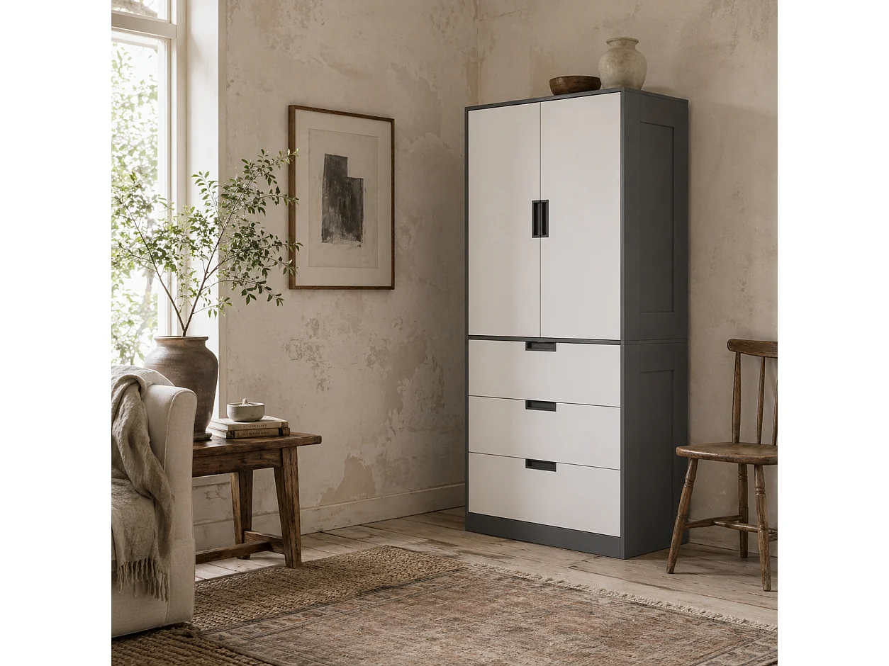 Corario 2 Door Wardrobe with 3 Drawers and Hanging Rail Grey and White