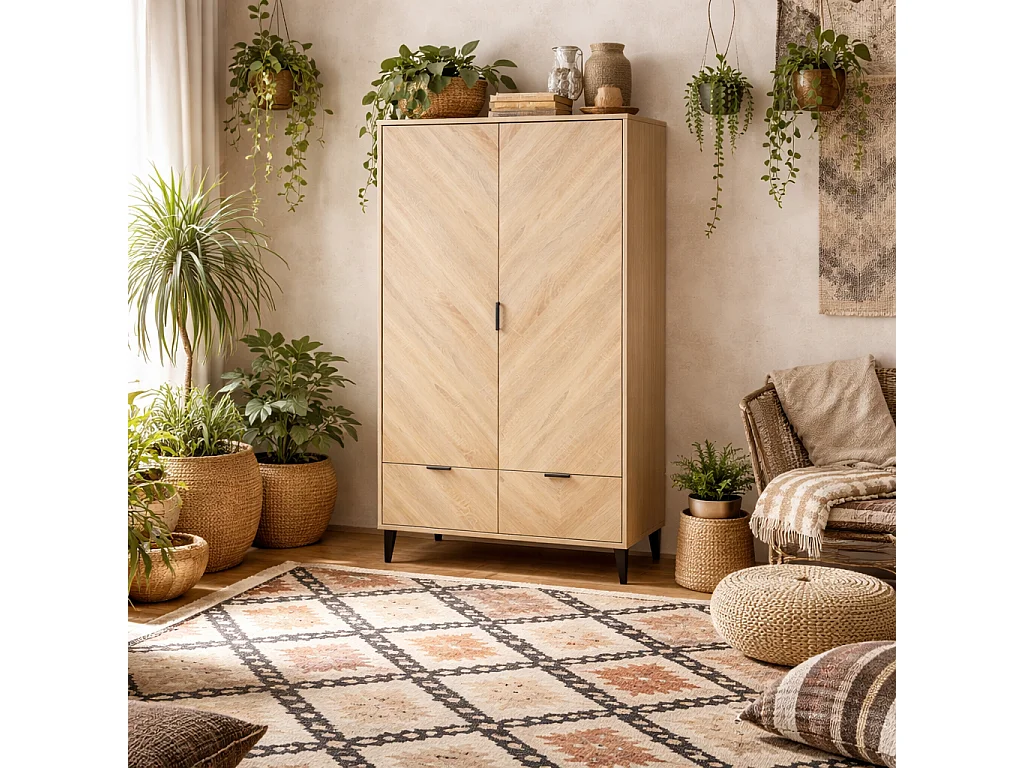 Skerries 2 Door Chevron Wardrobe Natural Oak with 2 Drawers