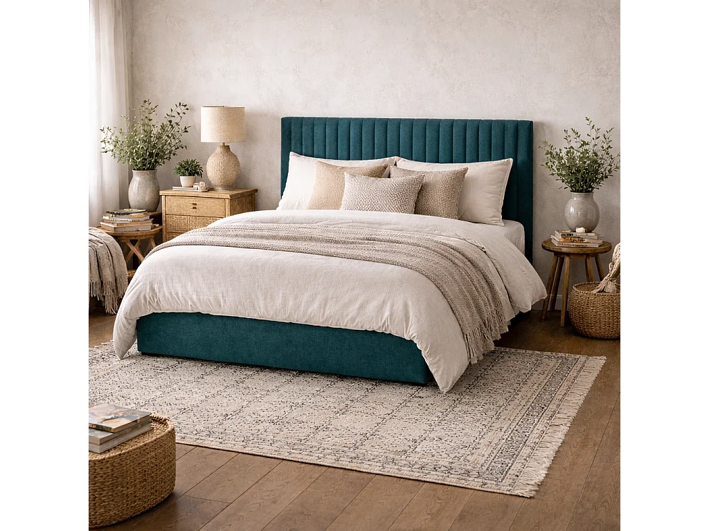 Dublin Teal Velvet 5ft King Ottoman Bed with Ribbed Headboard