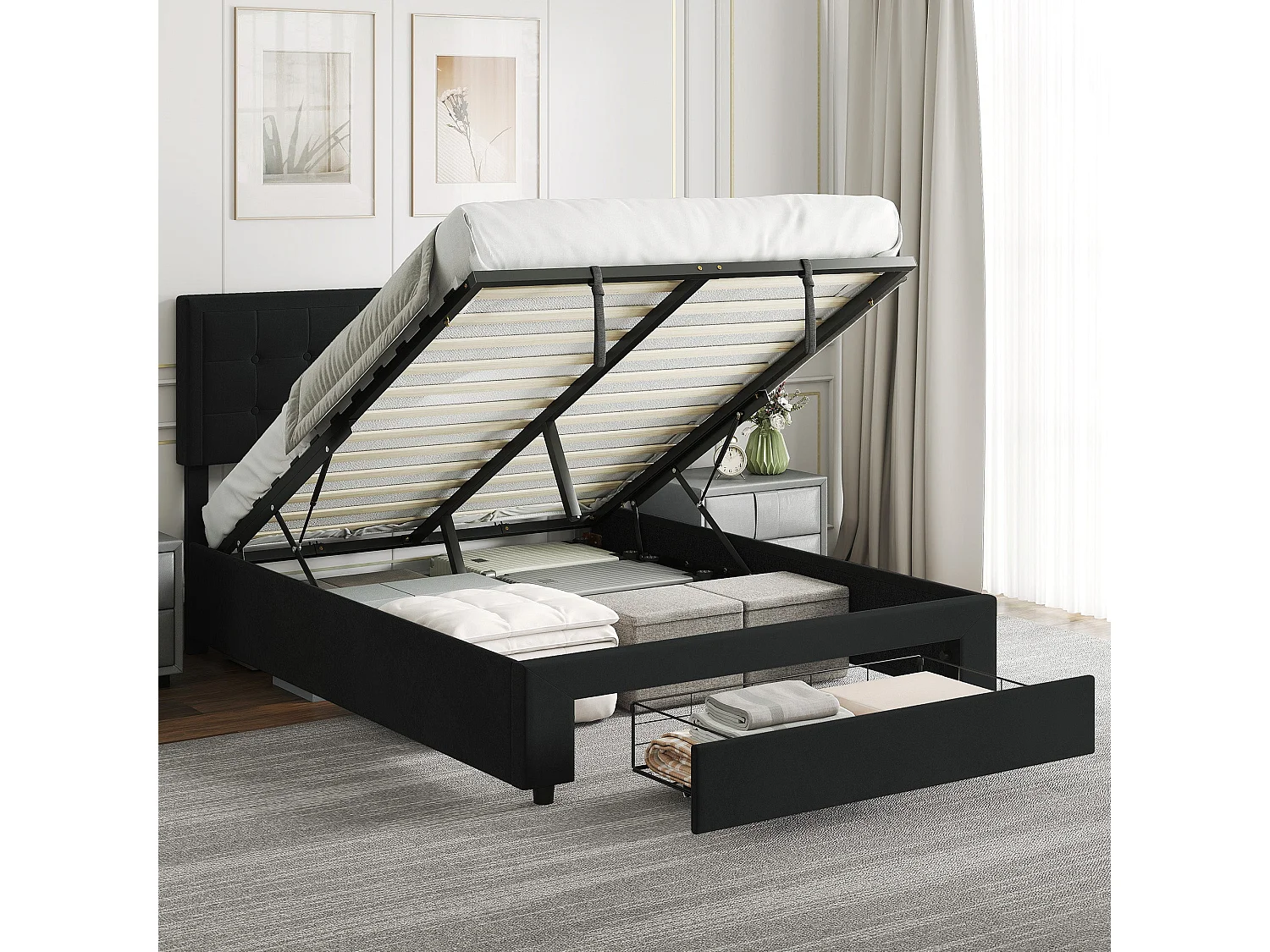 Mora 4ft6 Double Ottoman Bed Frame with Front Divan Drawer Storage Black