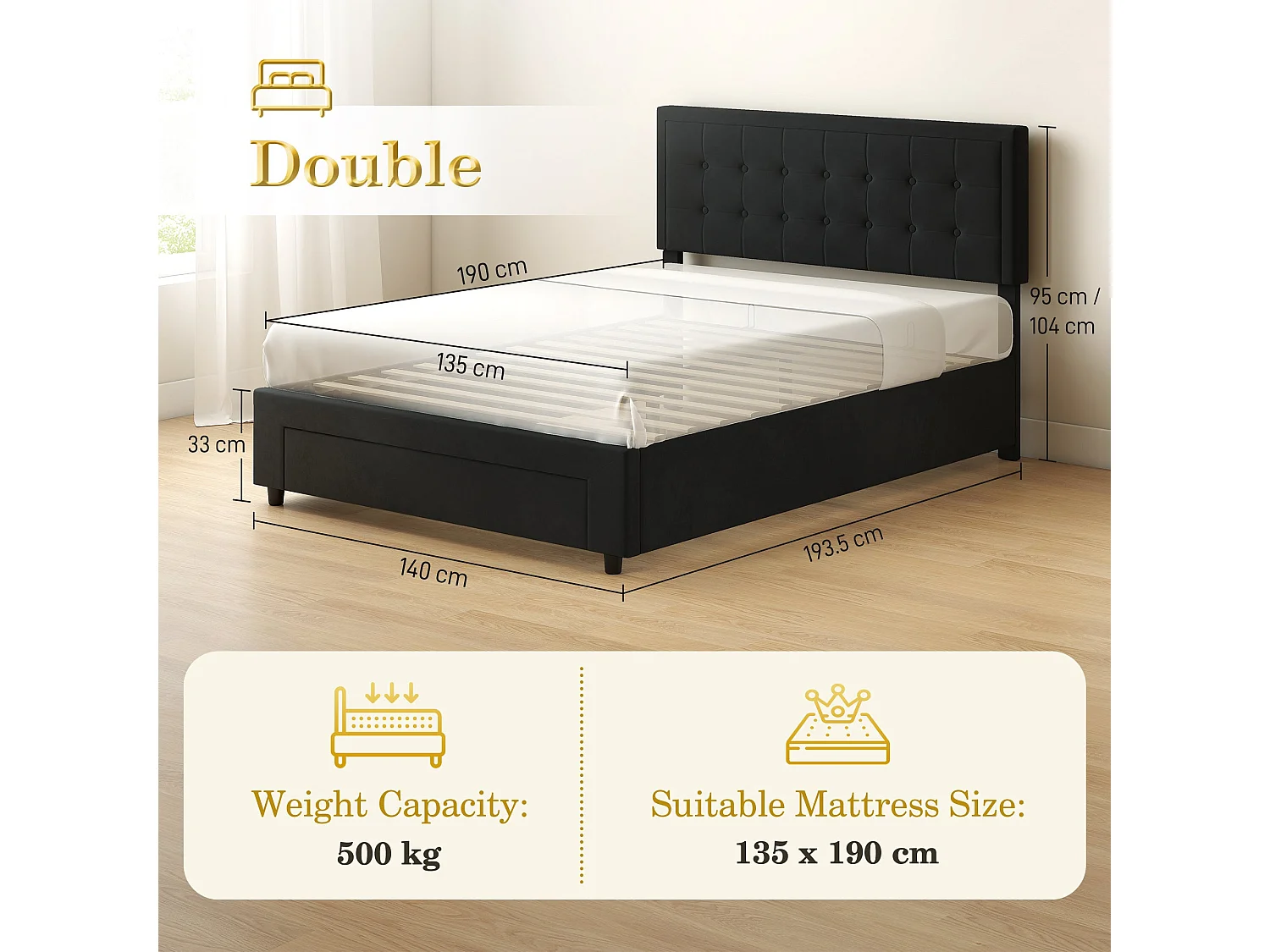 Mora 4ft6 Double Ottoman Bed Frame with Front Divan Drawer Storage Black