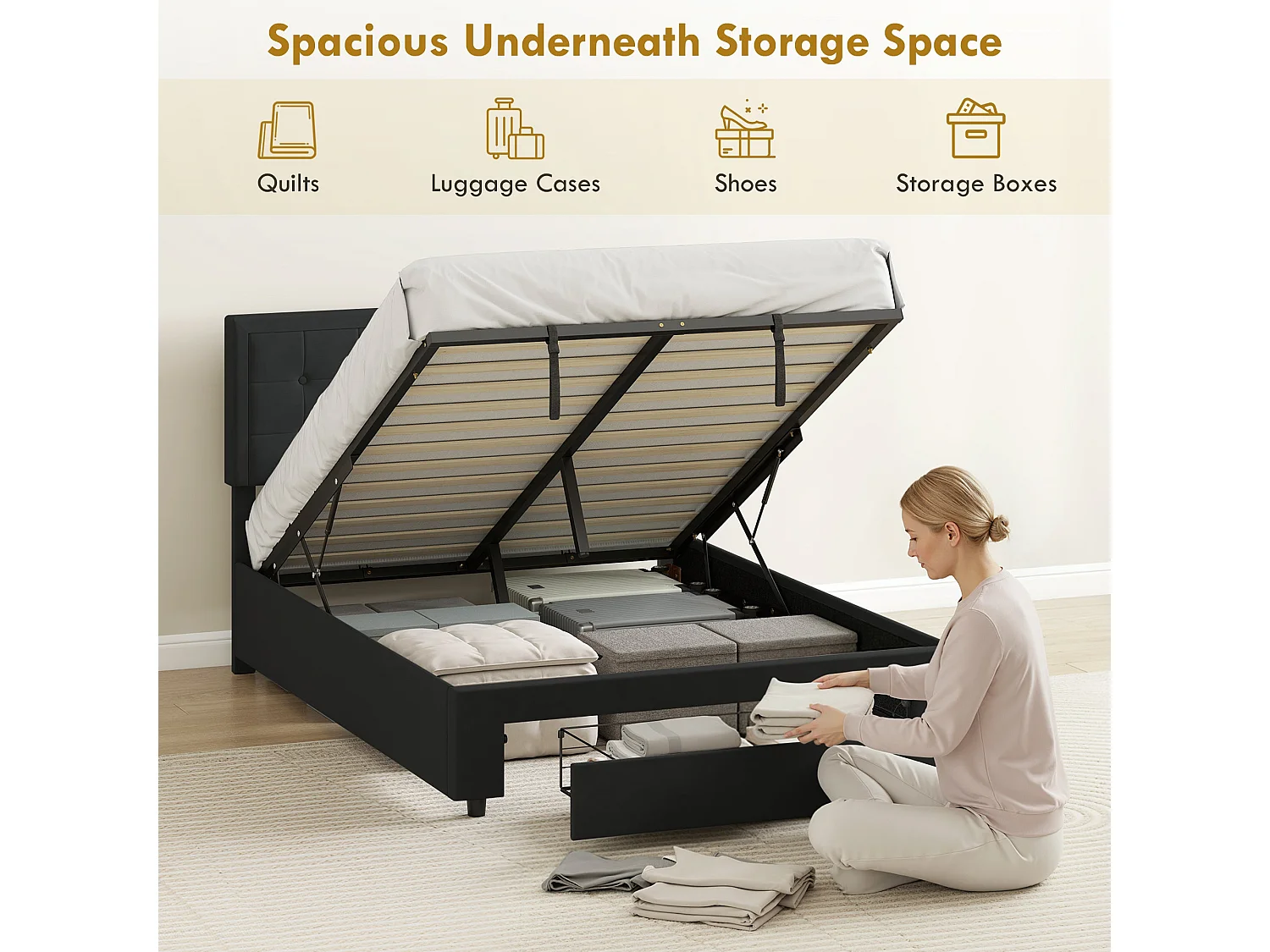 Mora 4ft6 Double Ottoman Bed Frame with Front Divan Drawer Storage Black