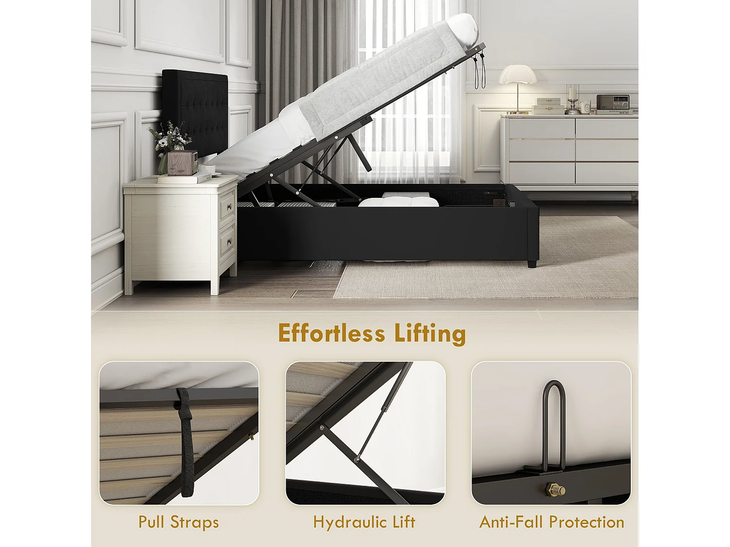 Mora 4ft6 Double Ottoman Bed Frame with Front Divan Drawer Storage Black