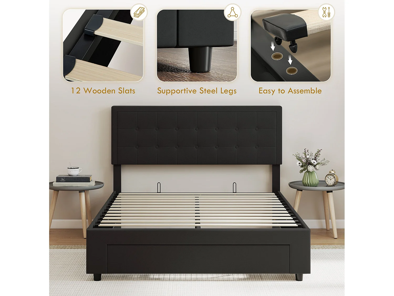 Mora 4ft6 Double Ottoman Bed Frame with Front Divan Drawer Storage Black