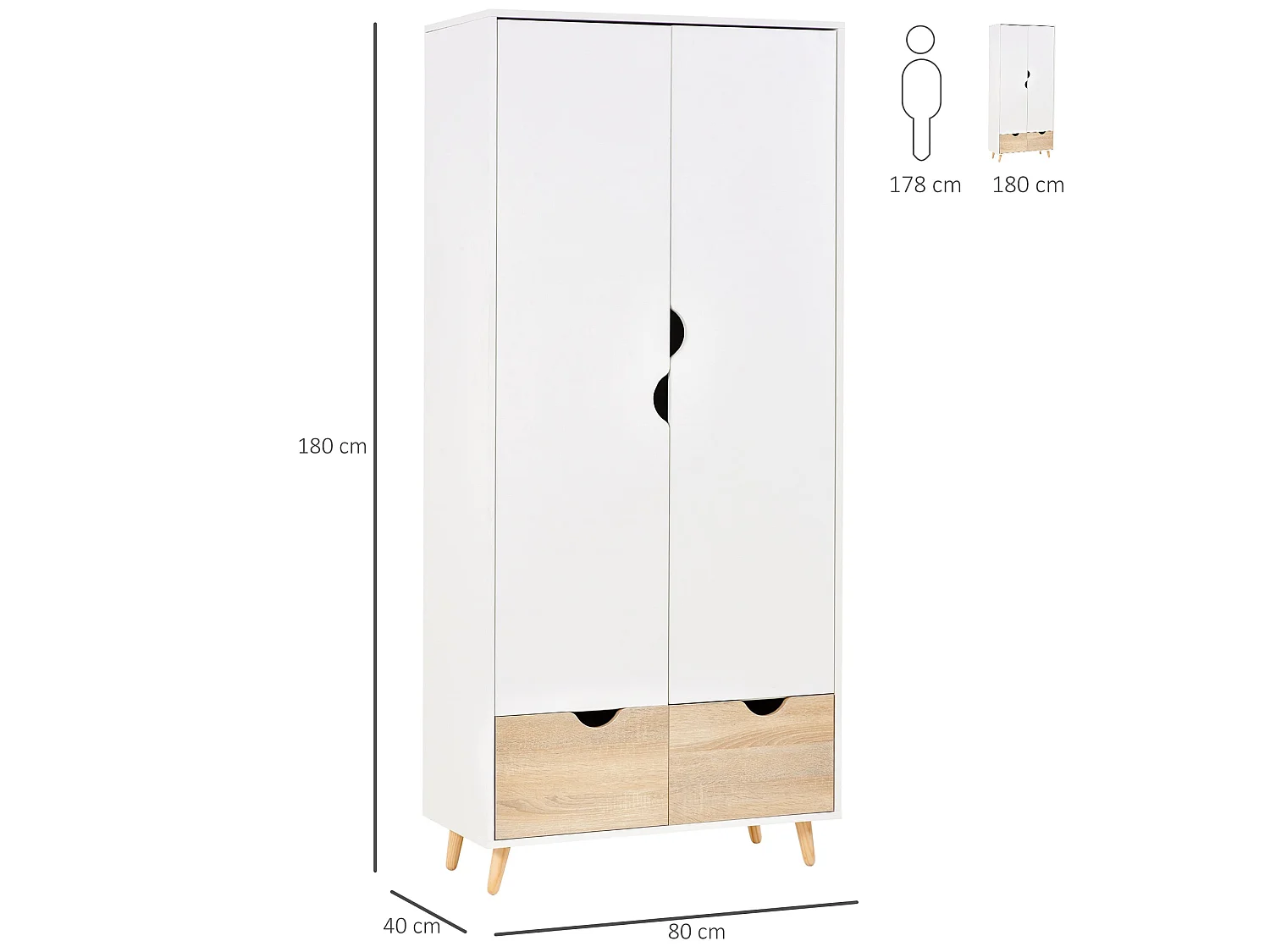 Belamar 2 Door Wardrobe White and Natural Hanging Rail 2 Drawers Wooden Legs