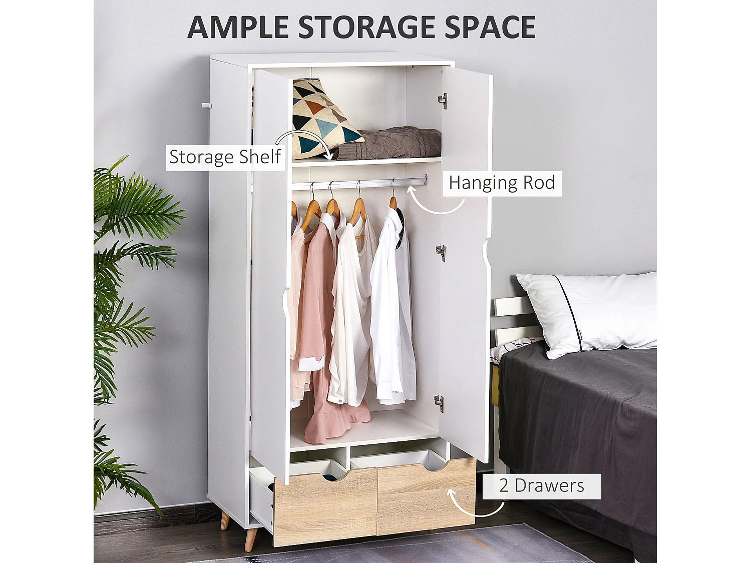Belamar 2 Door Wardrobe White and Natural Hanging Rail 2 Drawers Wooden Legs