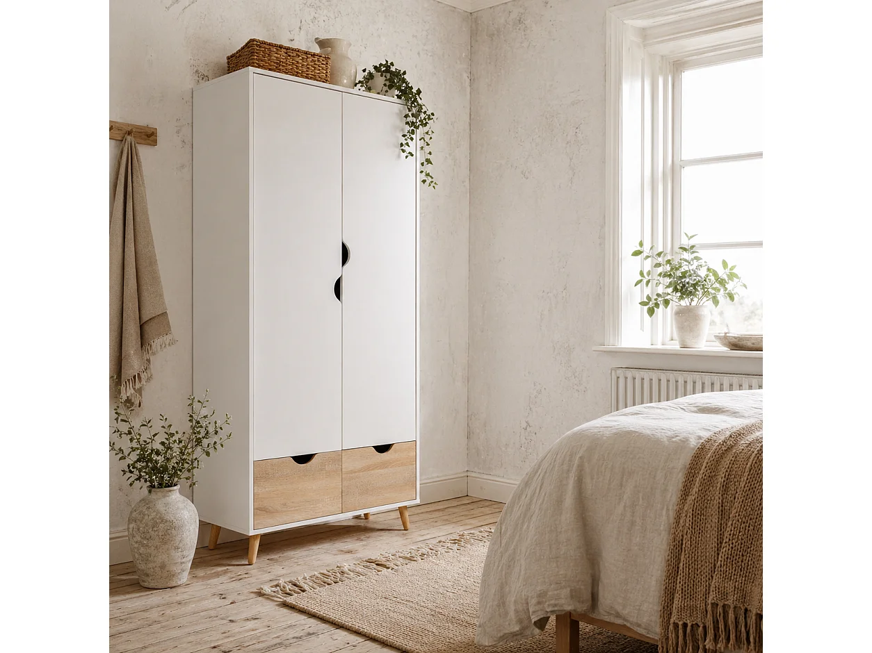Belamar 2 Door Wardrobe White and Natural Hanging Rail 2 Drawers Wooden Legs