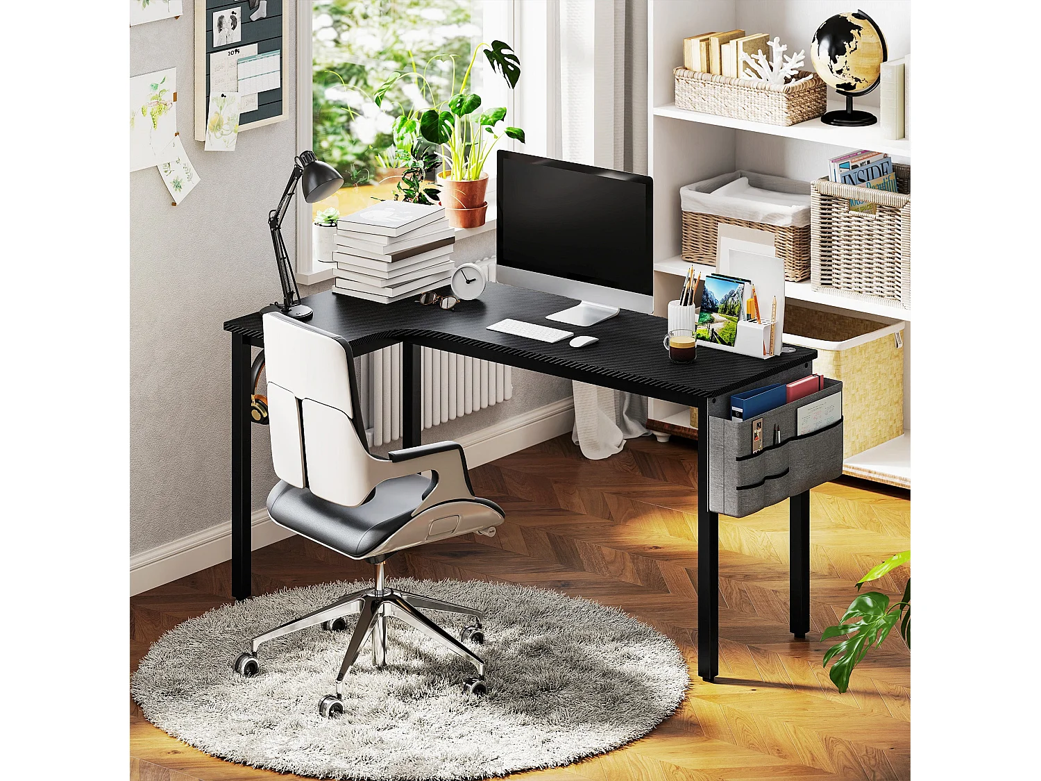 Monotta 145cm Black L Shaped Gaming Desk Metal Frame Cable Management Fabric Storage and Hooks