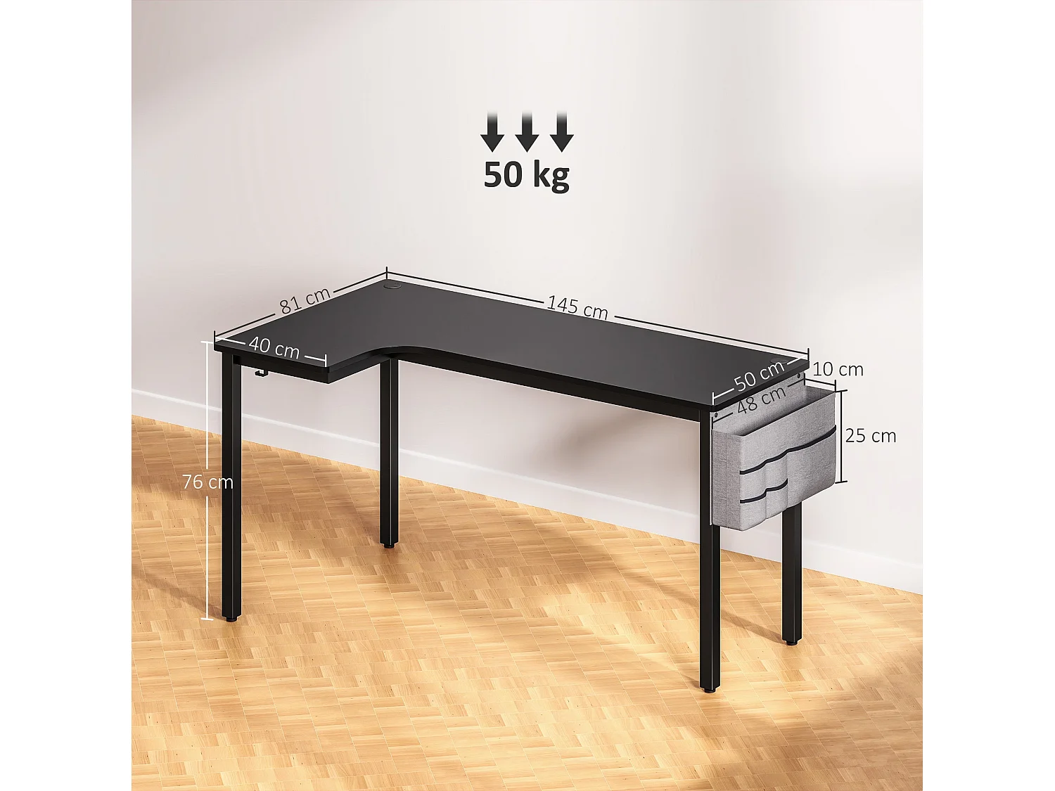 Monotta 145cm Black L Shaped Gaming Desk Metal Frame Cable Management Fabric Storage and Hooks