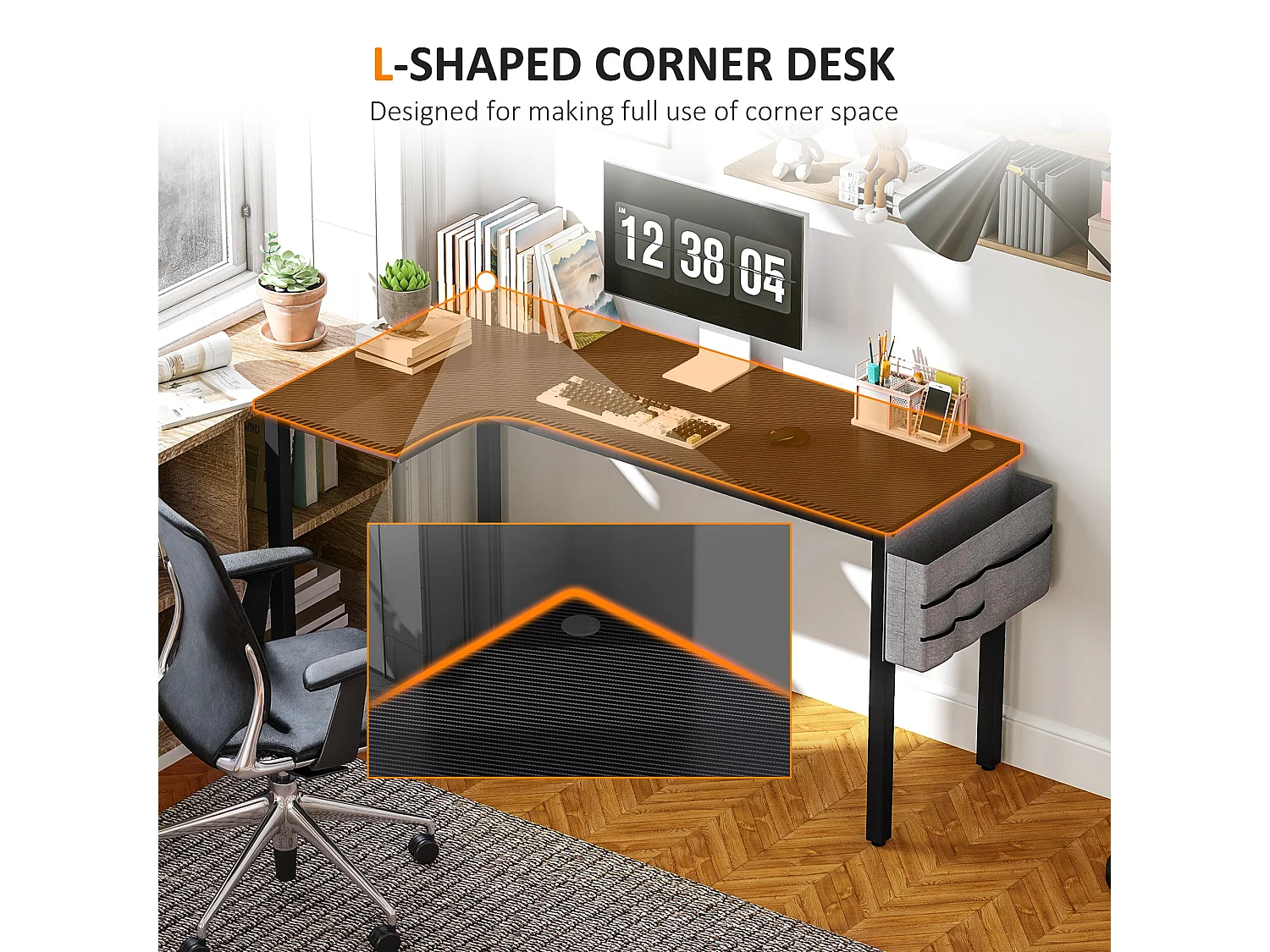 Monotta 145cm Black L Shaped Gaming Desk Metal Frame Cable Management Fabric Storage and Hooks