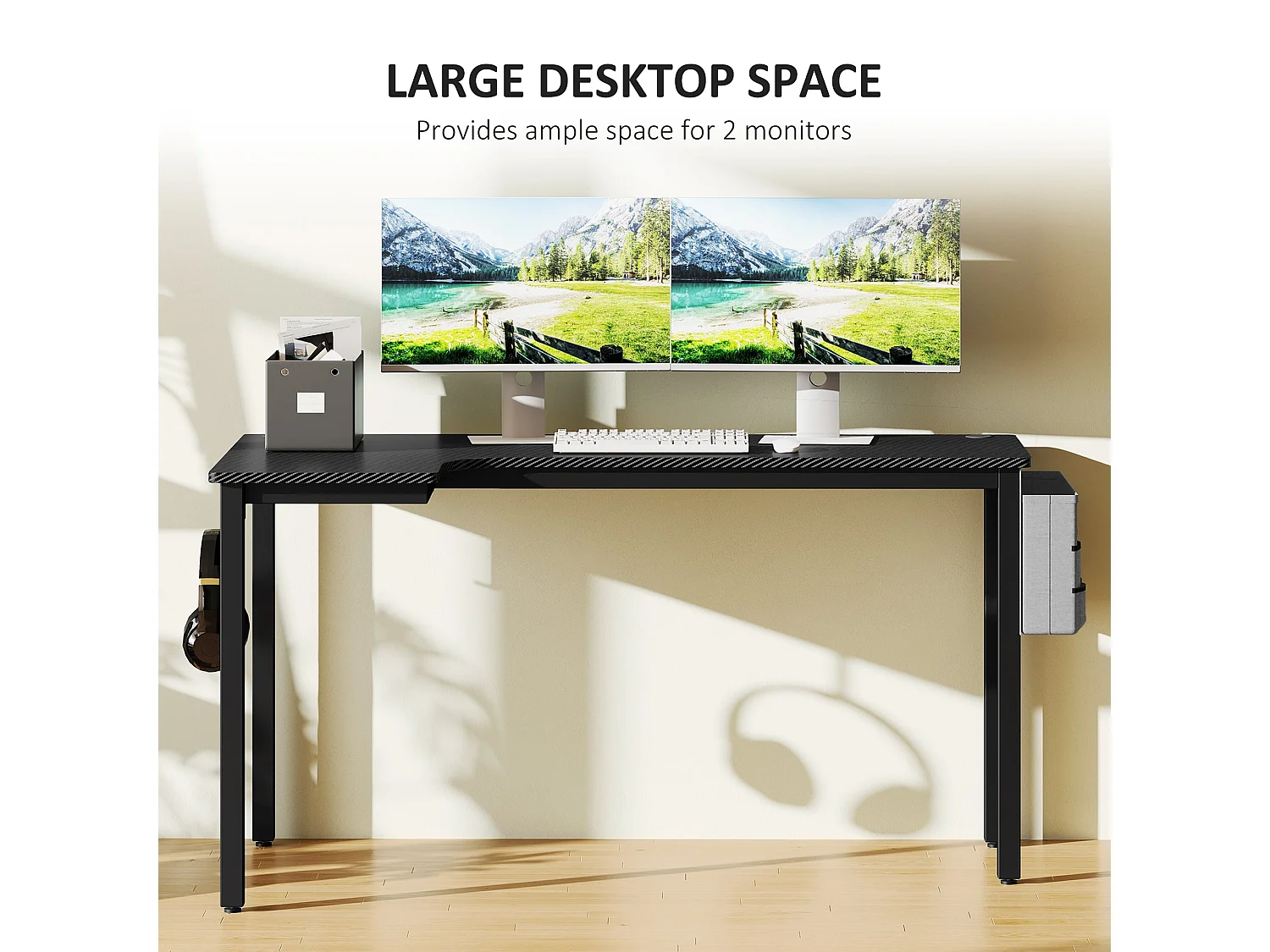 Monotta 145cm Black L Shaped Gaming Desk Metal Frame Cable Management Fabric Storage and Hooks