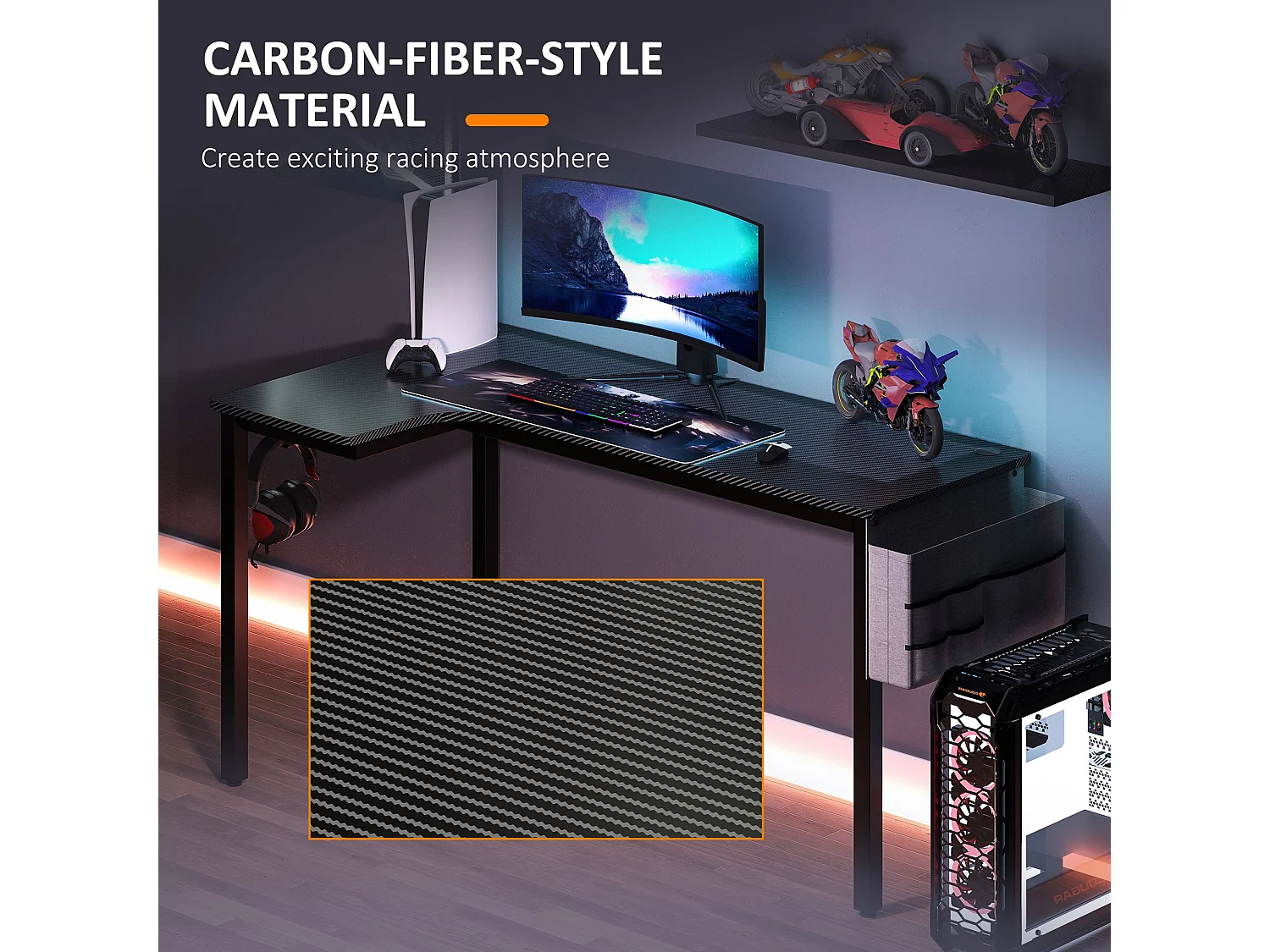 Monotta 145cm Black L Shaped Gaming Desk Metal Frame Cable Management Fabric Storage and Hooks