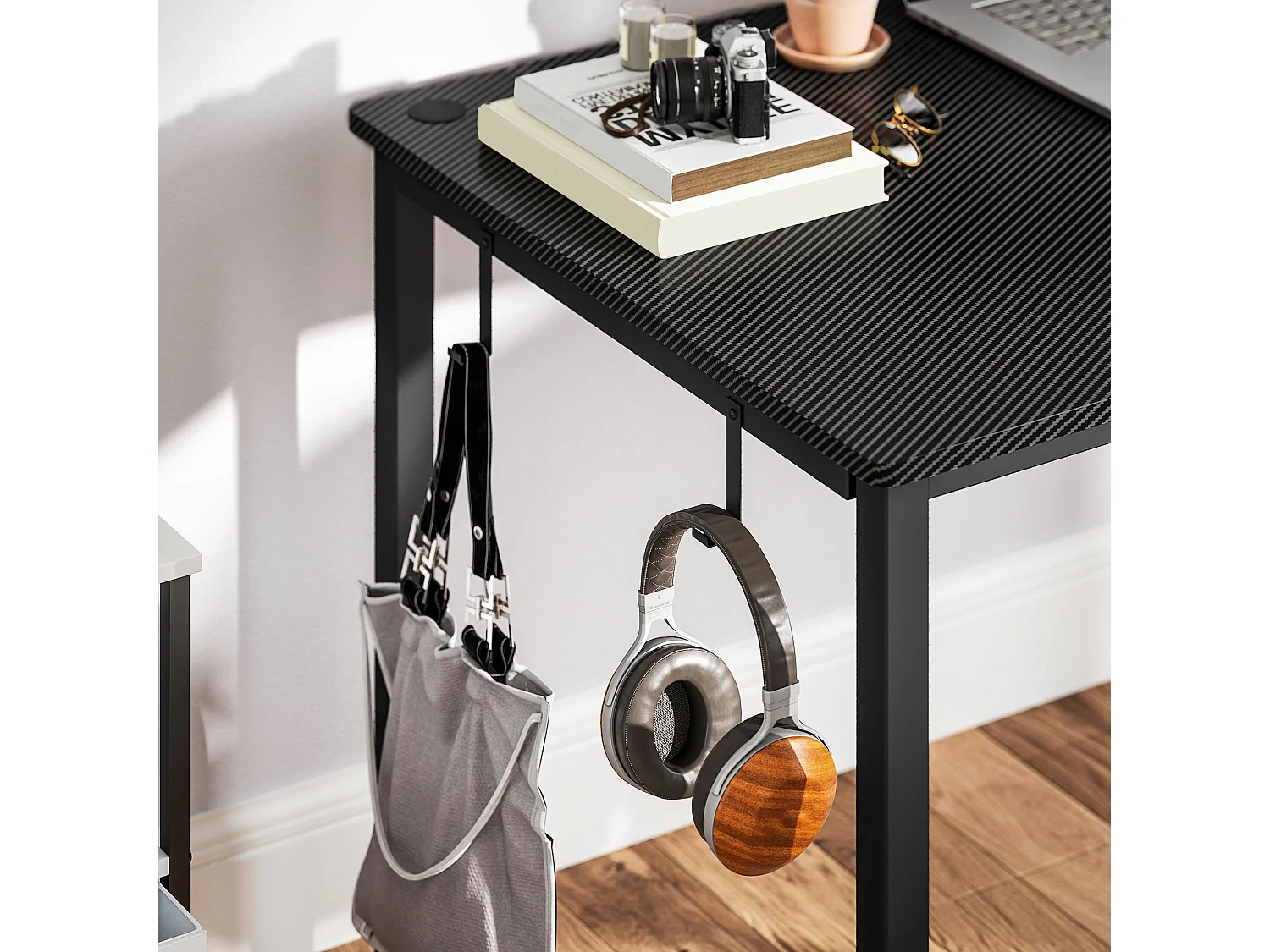 Monotta 145cm Black L Shaped Gaming Desk Metal Frame Cable Management Fabric Storage and Hooks