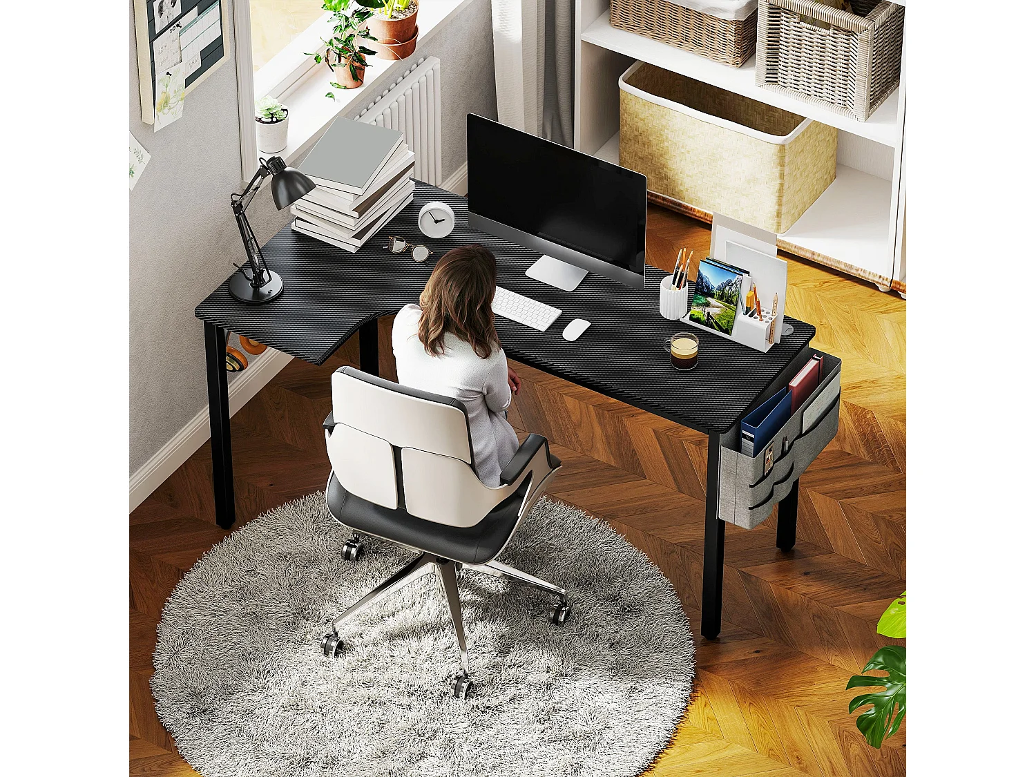 Monotta 145cm Black L Shaped Gaming Desk Metal Frame Cable Management Fabric Storage and Hooks