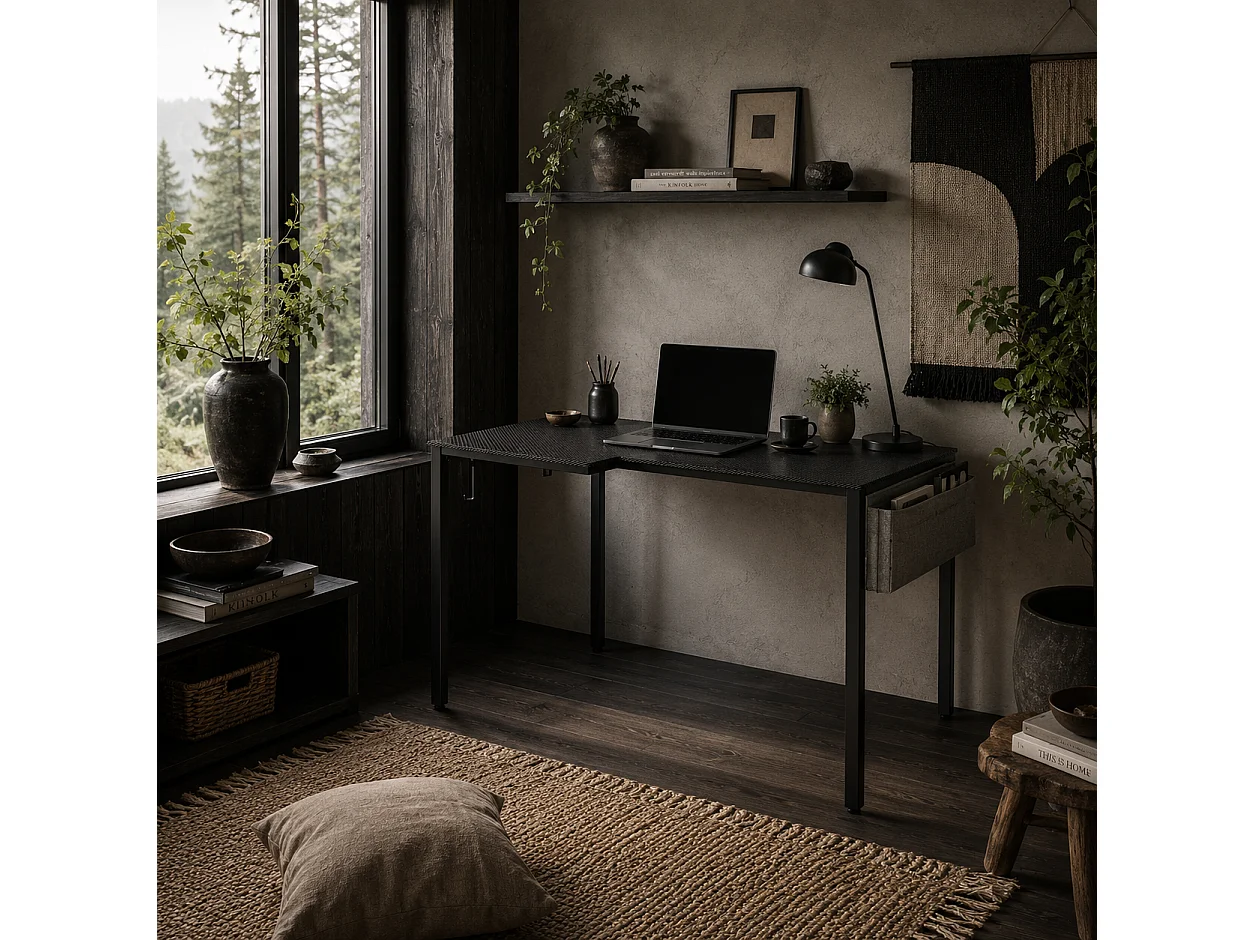 Monotta 145cm Black L Shaped Gaming Desk Metal Frame Cable Management Fabric Storage and Hooks