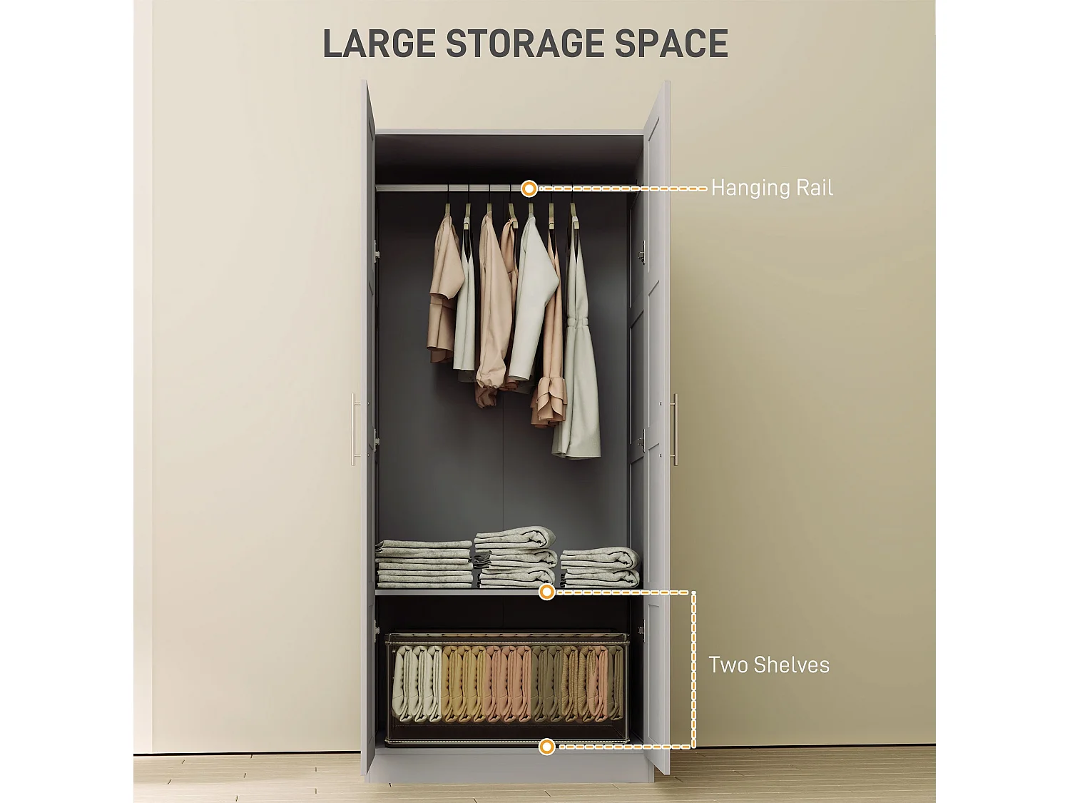 Coralani Grey 2 Door Wardrobe Hanging Rail and Shelves