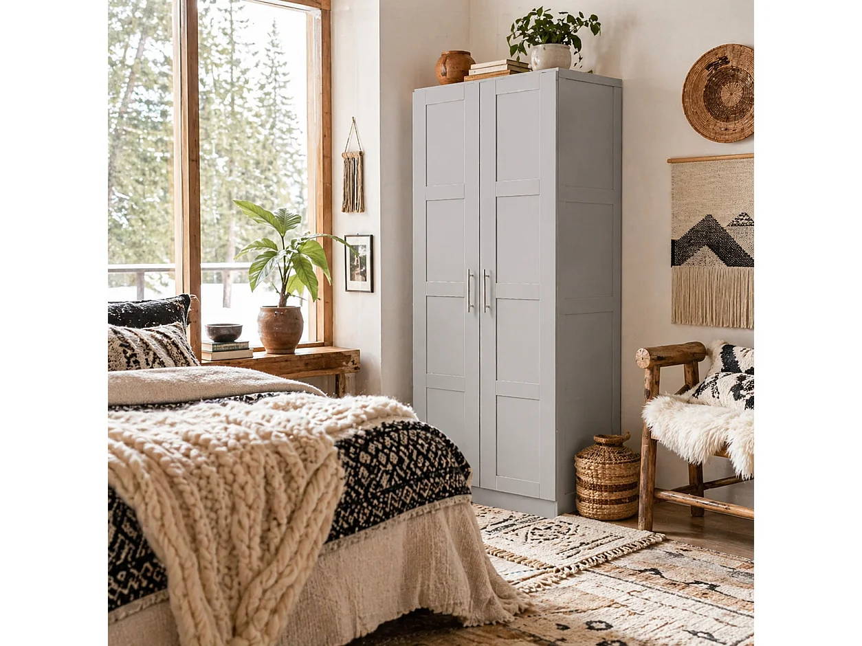 Coralani Grey 2 Door Wardrobe Hanging Rail and Shelves