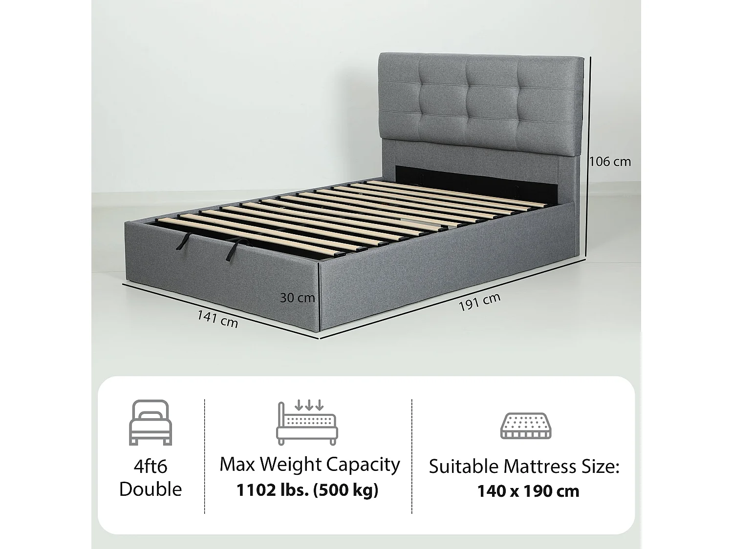 Sutto 4ft6 Double Ottoman Bed with Gas Lift Storage Grey