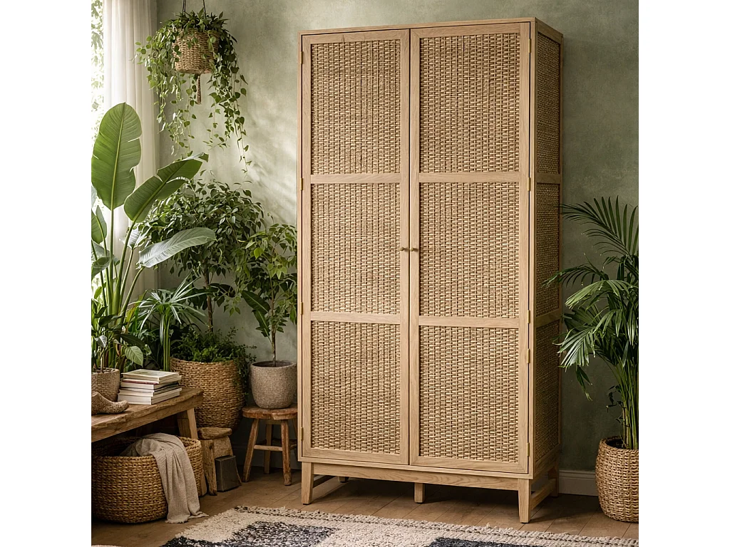 Waterford Oak and Rattan 2 Door Wardrobe Natural Oak 181x85x55.7cm