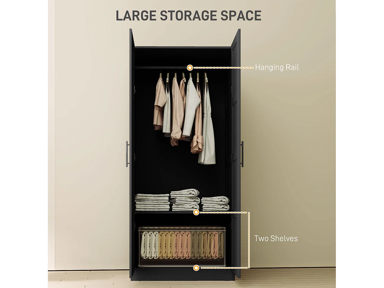 Corarani Black 2 Door Wardrobe with Hanging Rail and Internal Shelves