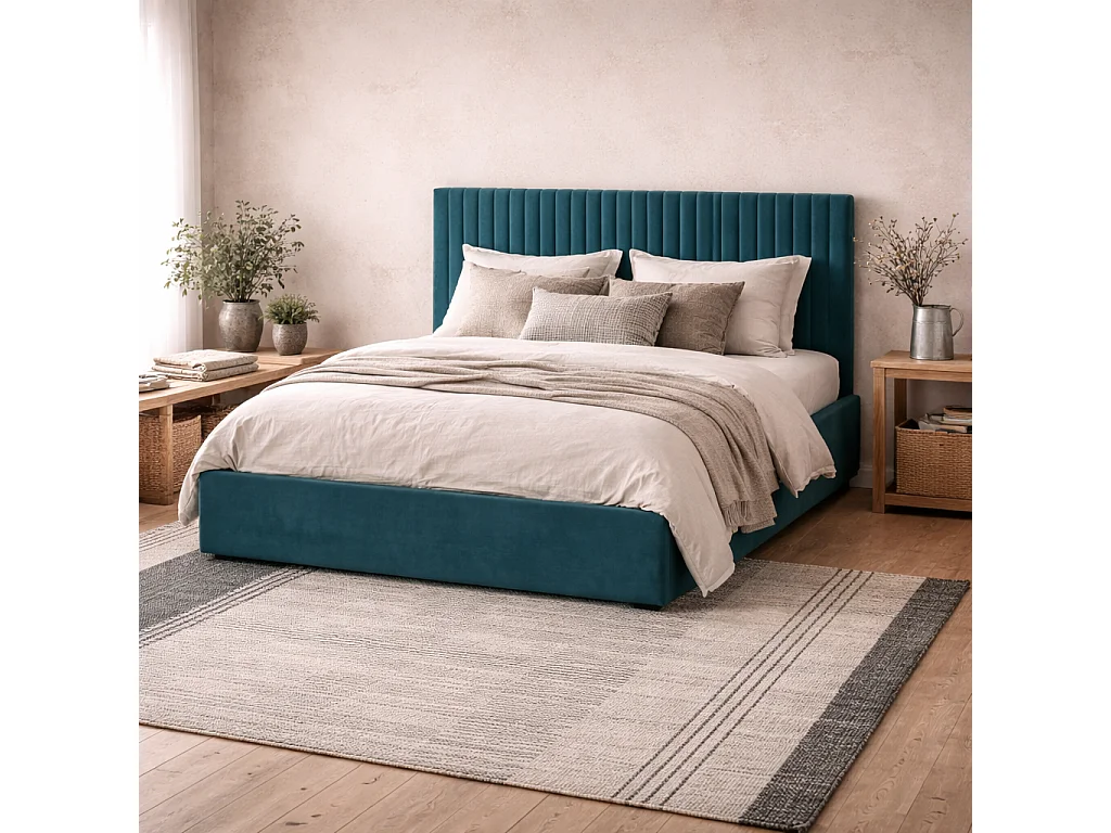 Dublin Teal Velvet 4ft6 Double Ottoman Bed with Ribbed Headboard