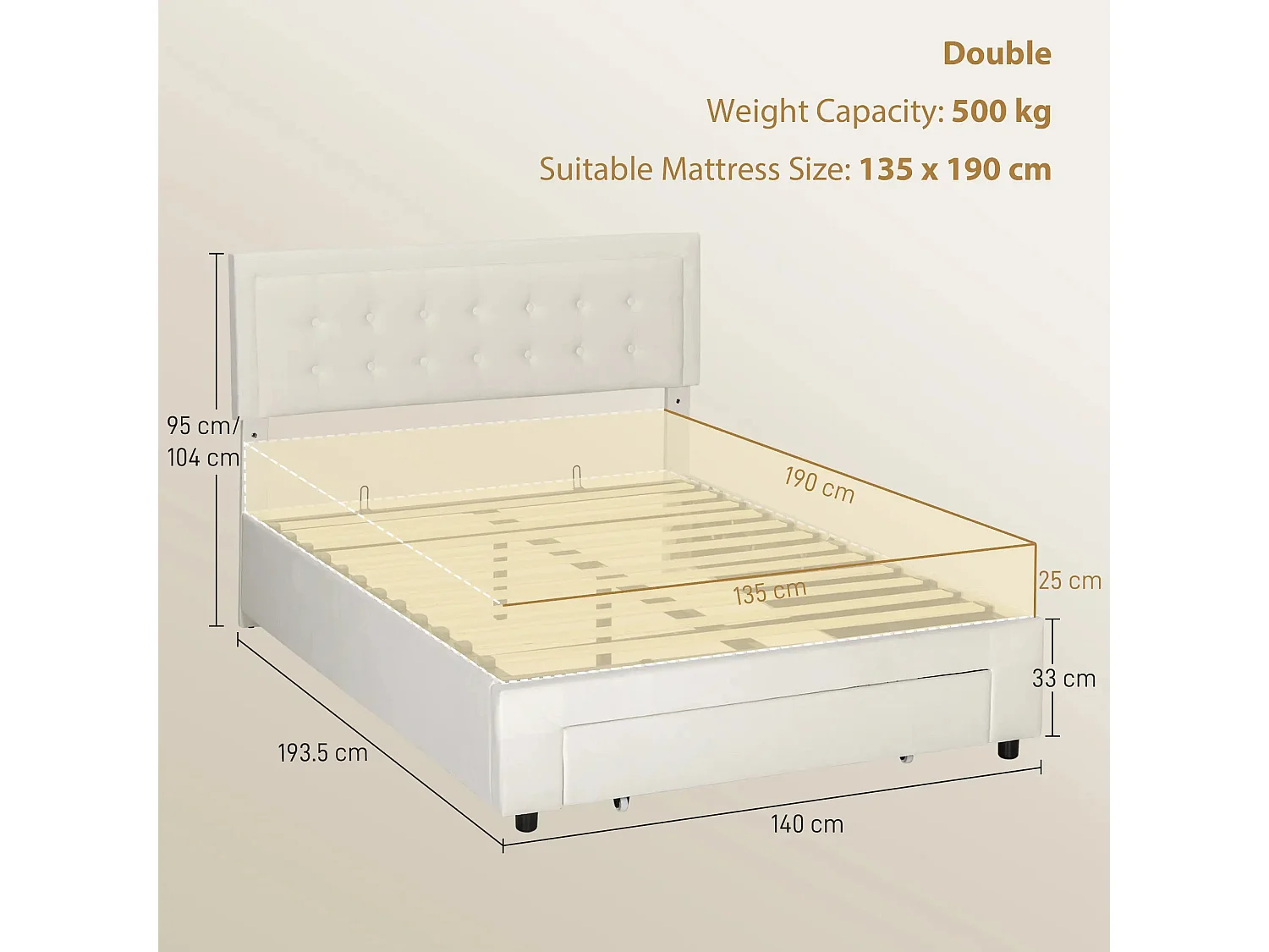 Double 4FT6 Ottoman Bed Frame with Front Divan Drawer Storage Cream