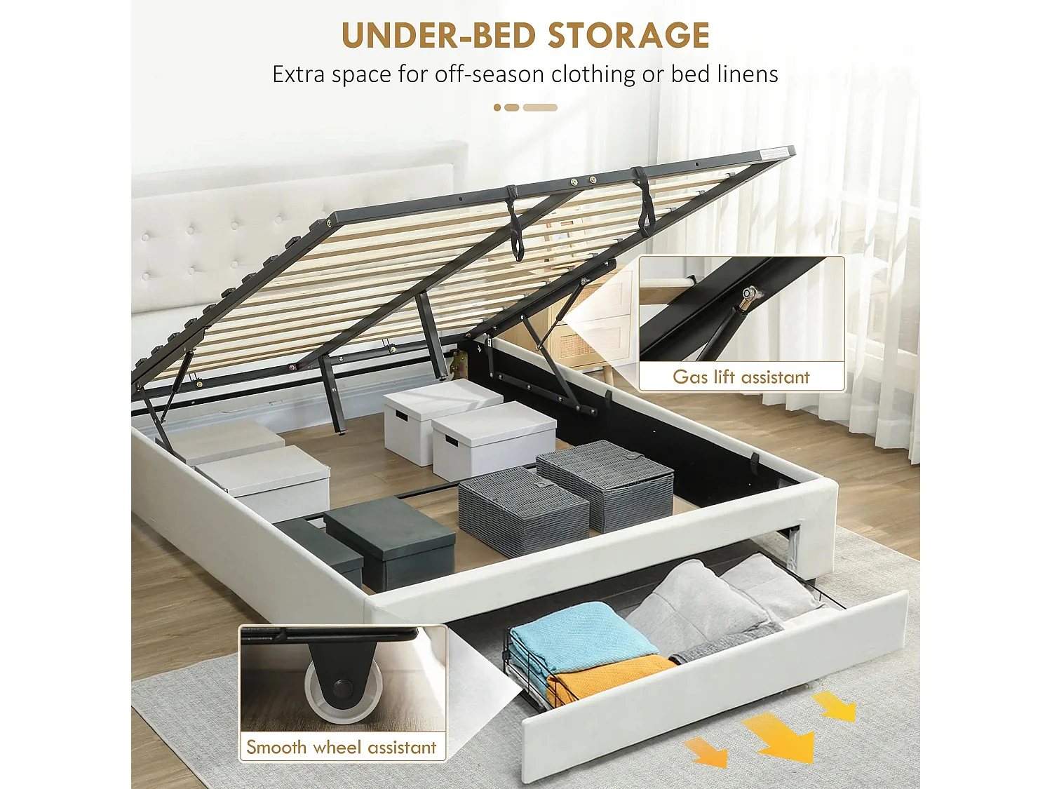 Double 4FT6 Ottoman Bed Frame with Front Divan Drawer Storage Cream
