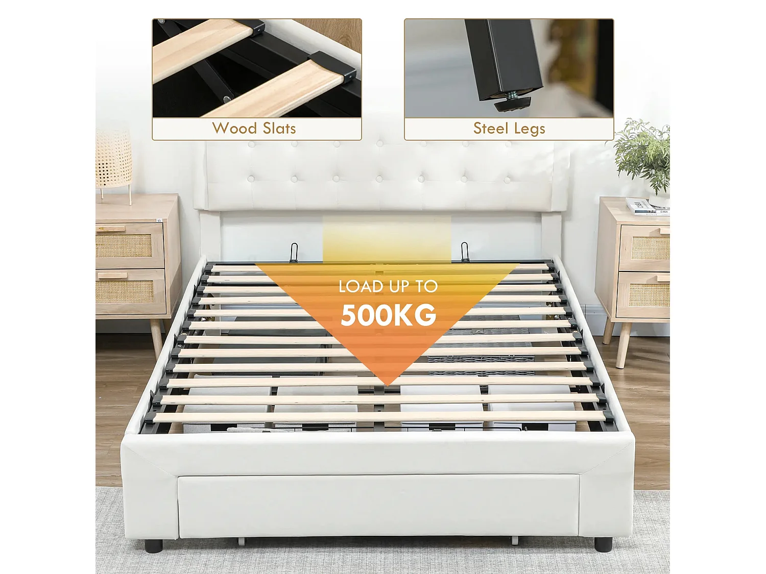 Double 4FT6 Ottoman Bed Frame with Front Divan Drawer Storage Cream