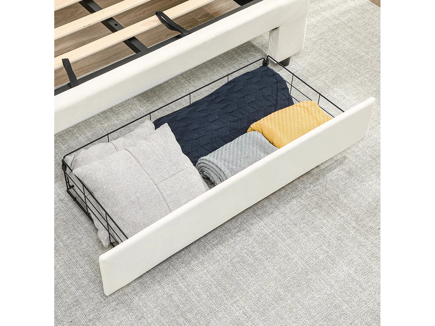 Double 4FT6 Ottoman Bed Frame with Front Divan Drawer Storage Cream