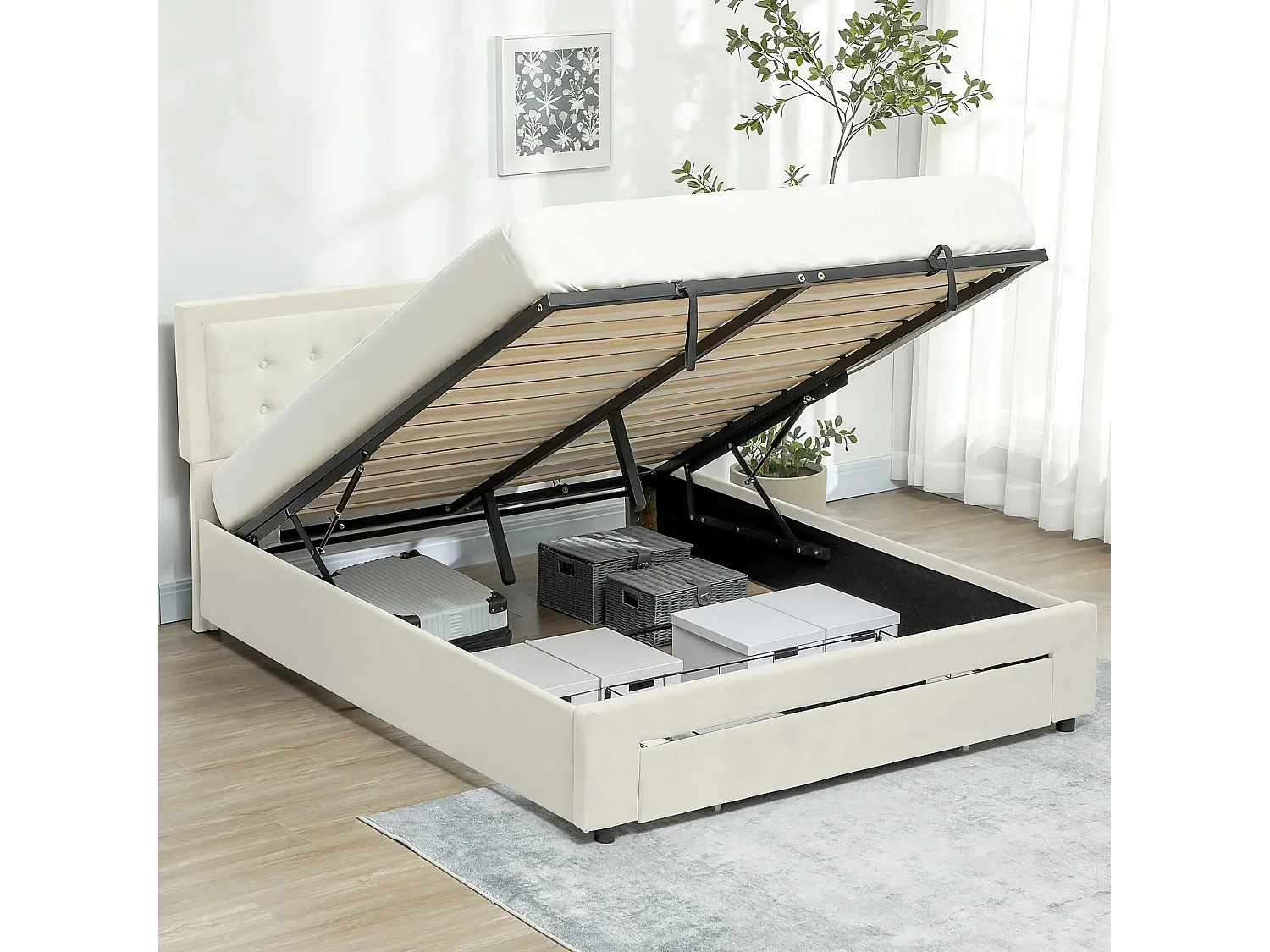 Double 4FT6 Ottoman Bed Frame with Front Divan Drawer Storage Cream