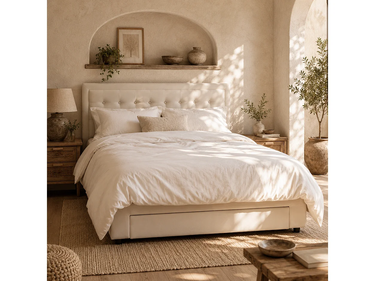 Double 4FT6 Ottoman Bed Frame with Front Divan Drawer Storage Cream