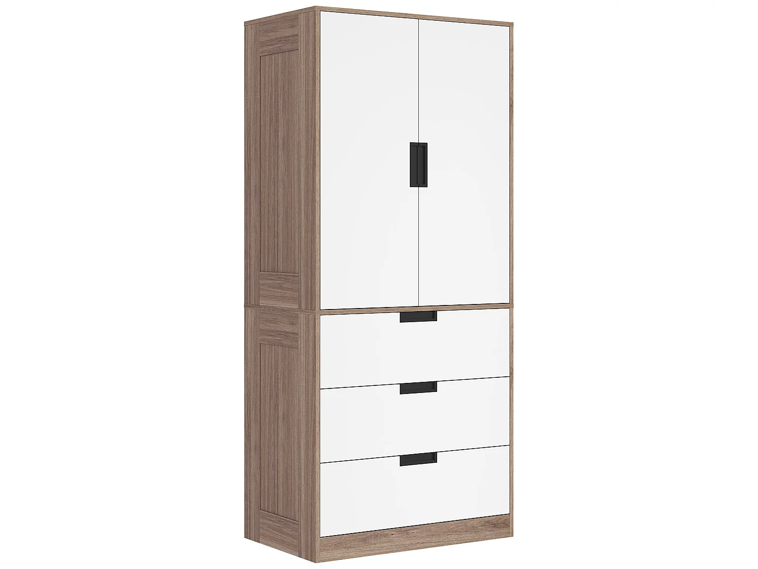 Coracasa White and Brown 2 Door Wardrobe with Hanging Rail and 3 Drawers