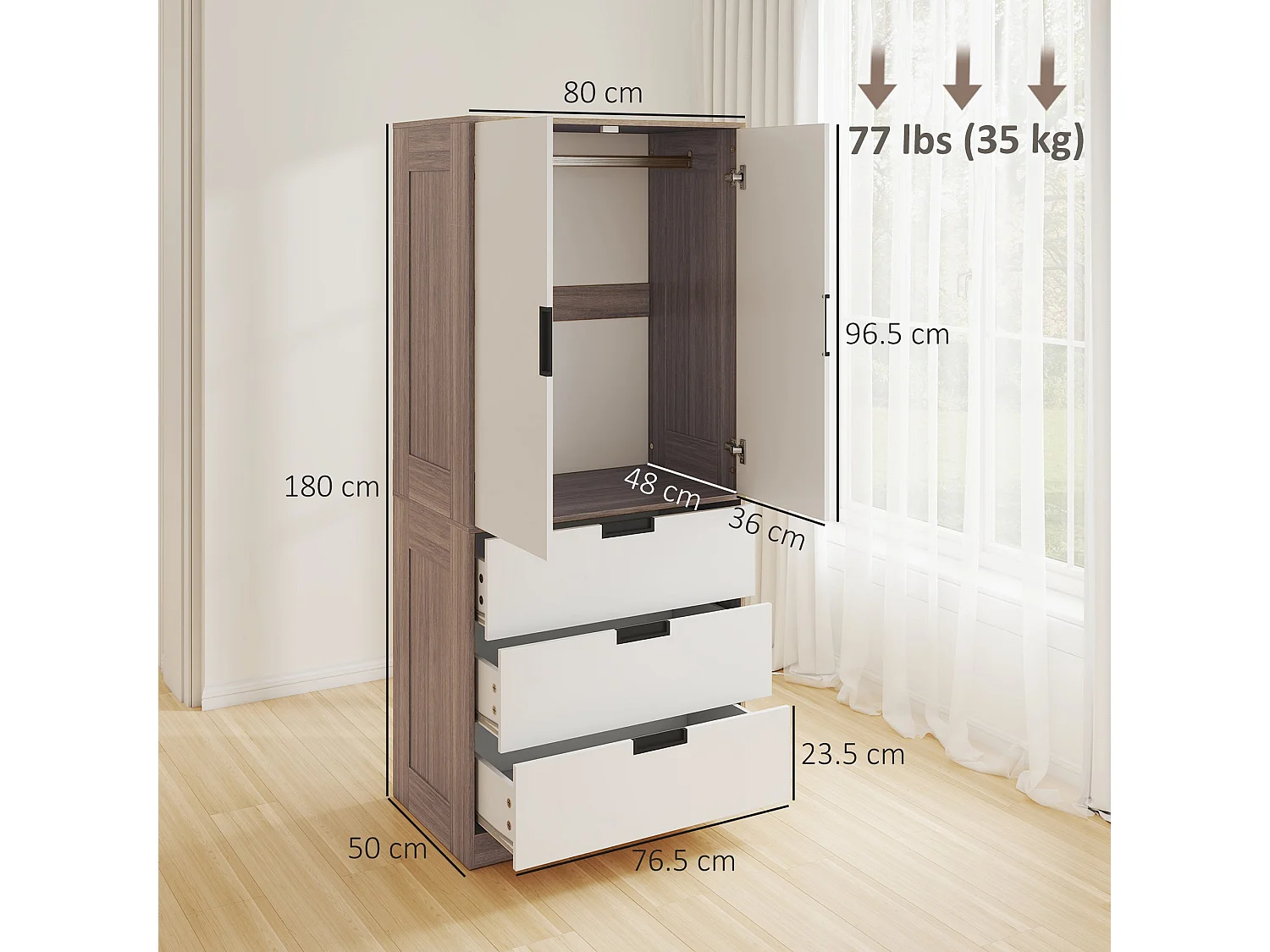 Coracasa White and Brown 2 Door Wardrobe with Hanging Rail and 3 Drawers