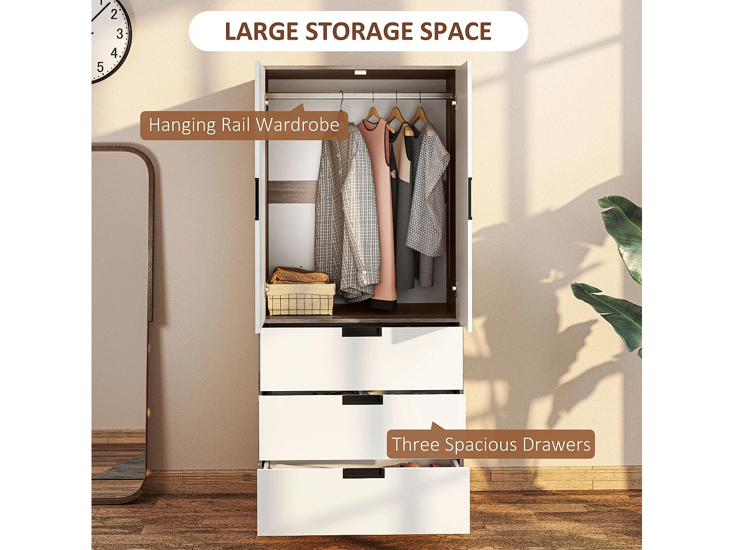Coracasa White and Brown 2 Door Wardrobe with Hanging Rail and 3 Drawers