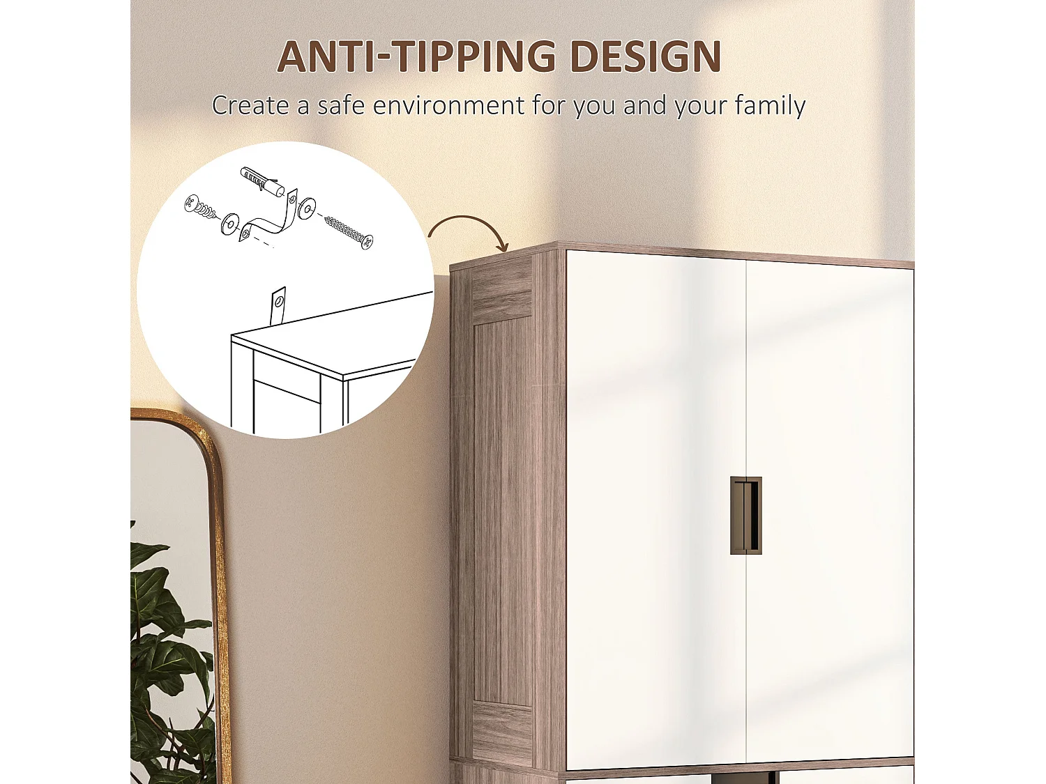 Coracasa White and Brown 2 Door Wardrobe with Hanging Rail and 3 Drawers
