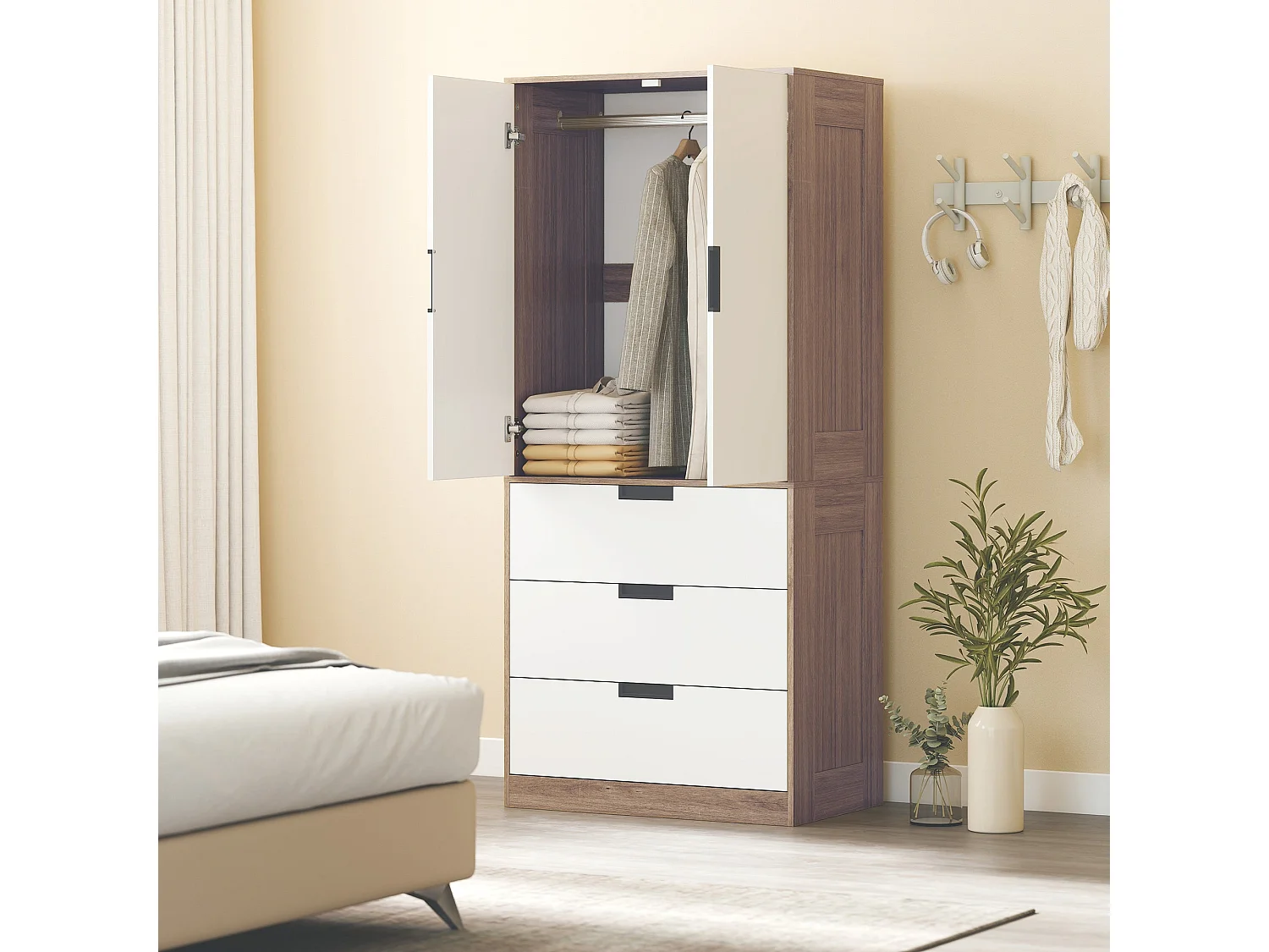 Coracasa White and Brown 2 Door Wardrobe with Hanging Rail and 3 Drawers