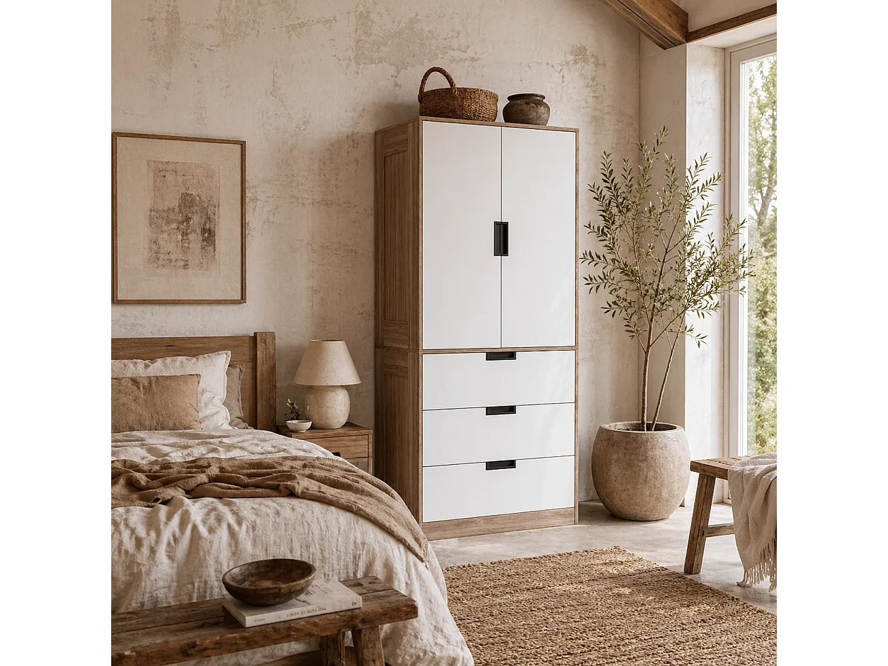 Coracasa White and Brown 2 Door Wardrobe with Hanging Rail and 3 Drawers