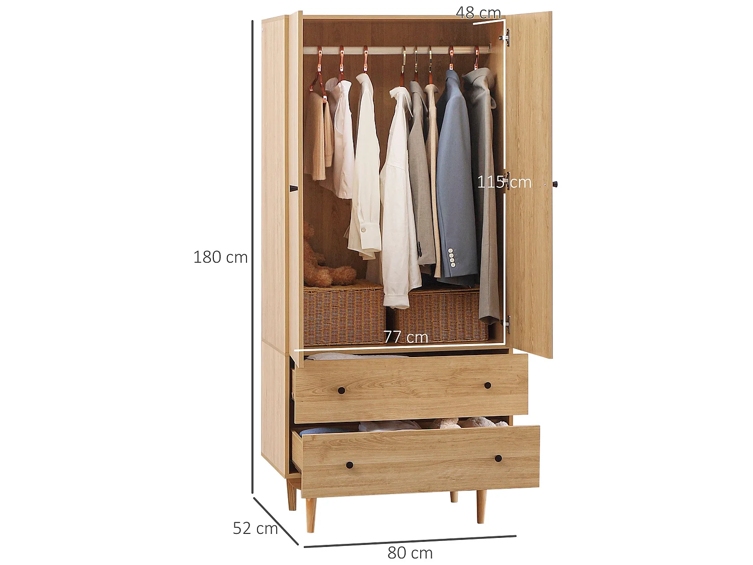 Coramar 2 Door Natural Wood Effect Wardrobe with Hanging Rail and 2 Drawers