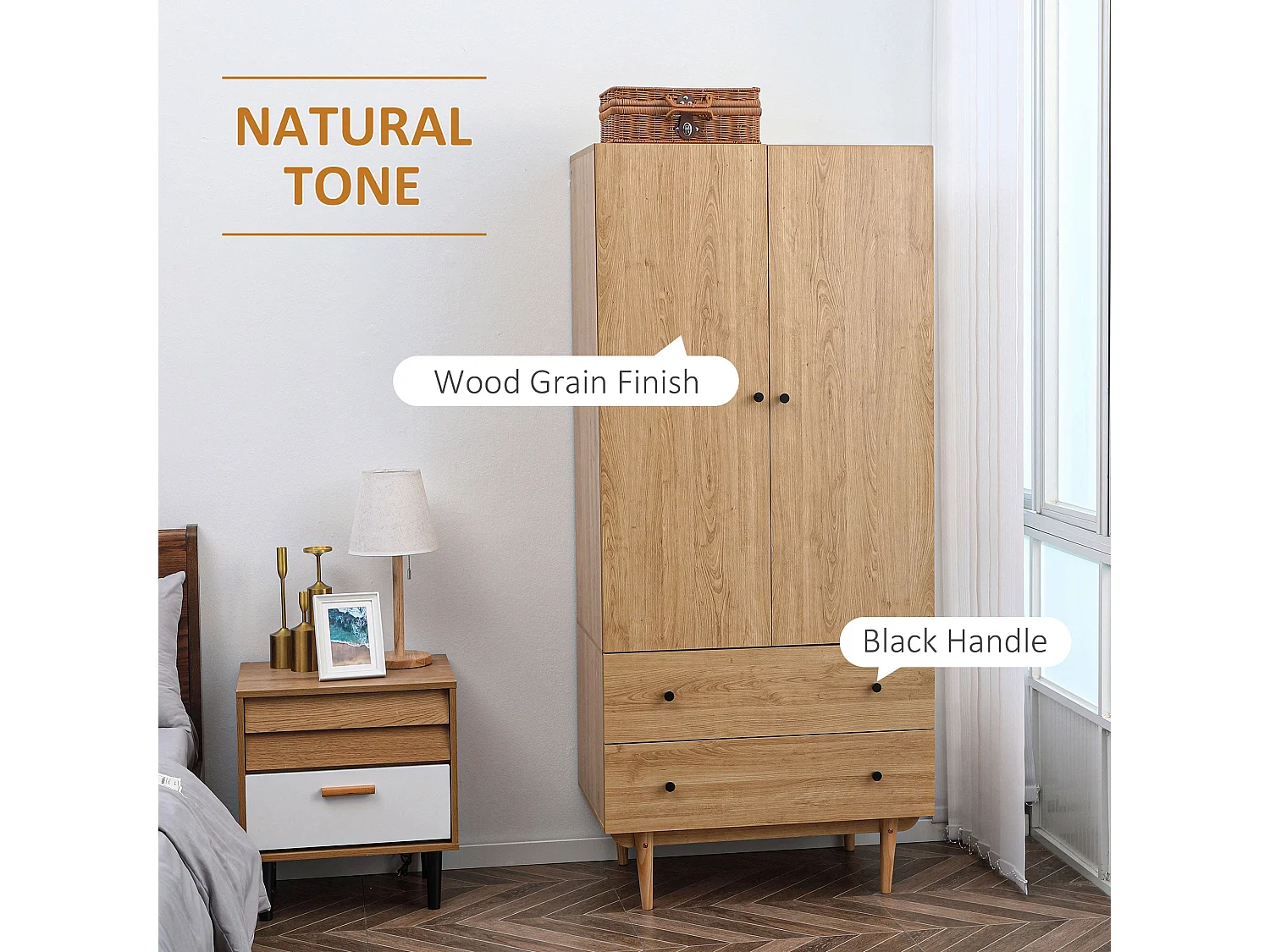 Coramar 2 Door Natural Wood Effect Wardrobe with Hanging Rail and 2 Drawers