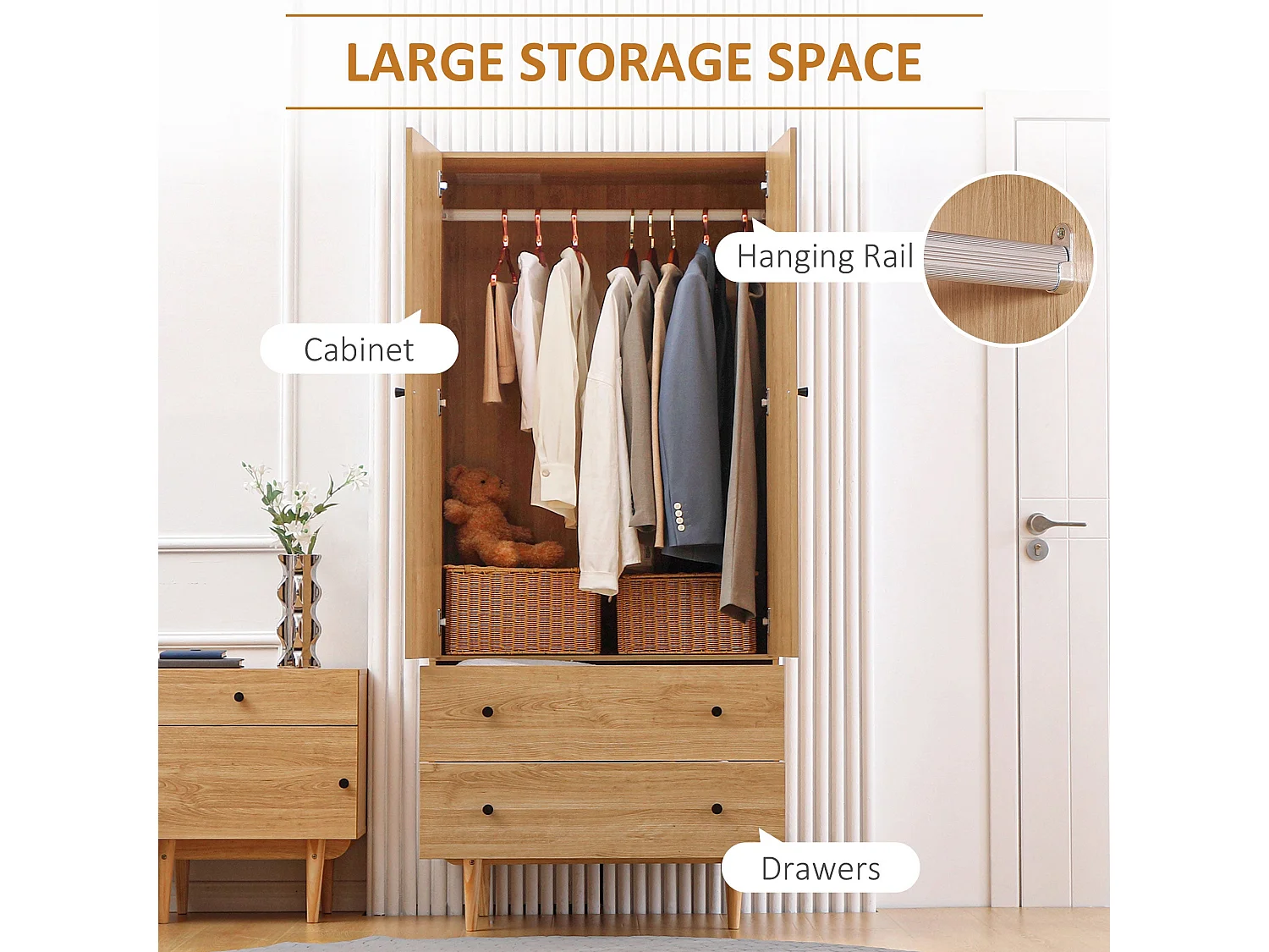 Coramar 2 Door Natural Wood Effect Wardrobe with Hanging Rail and 2 Drawers