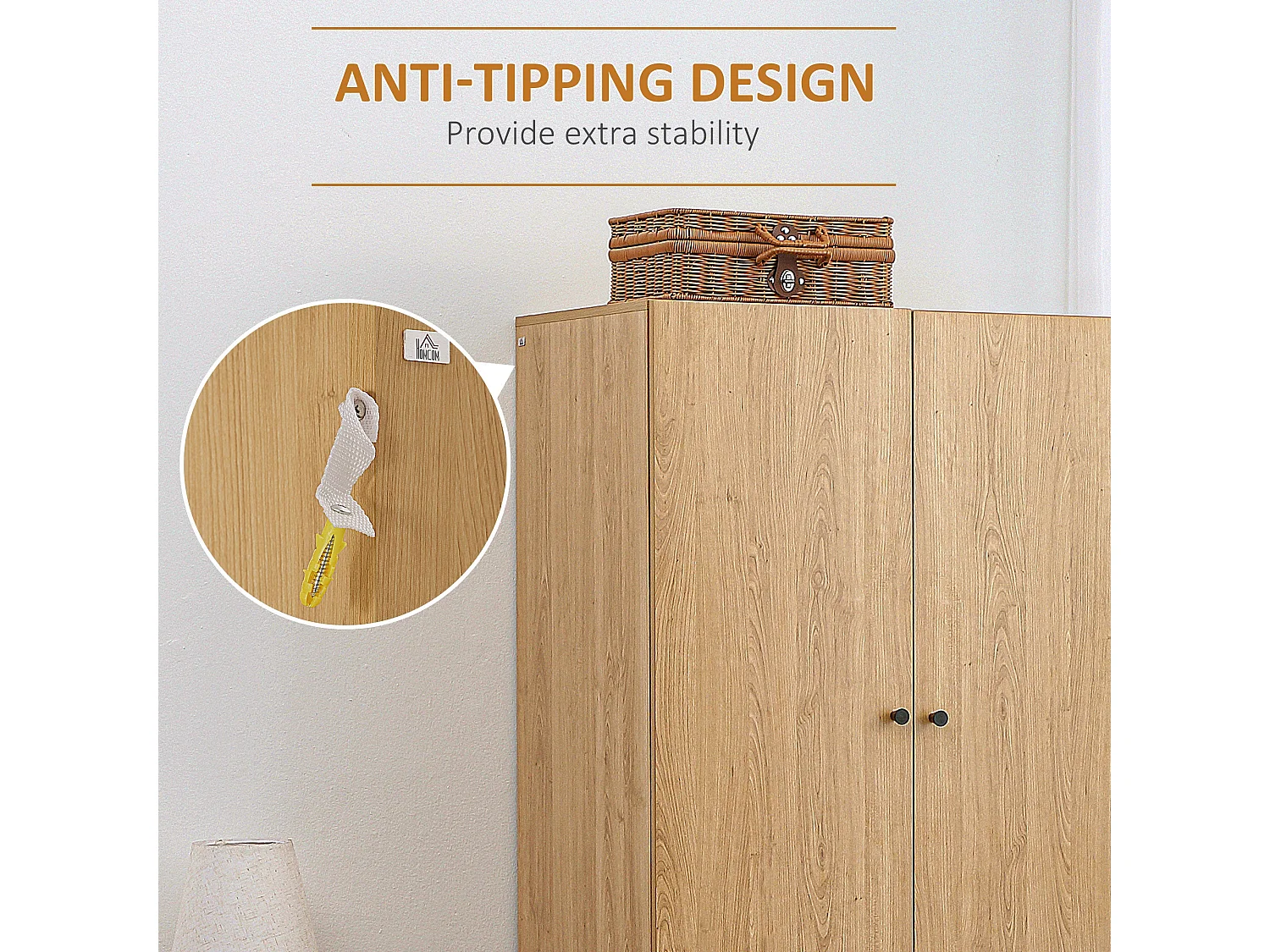 Coramar 2 Door Natural Wood Effect Wardrobe with Hanging Rail and 2 Drawers