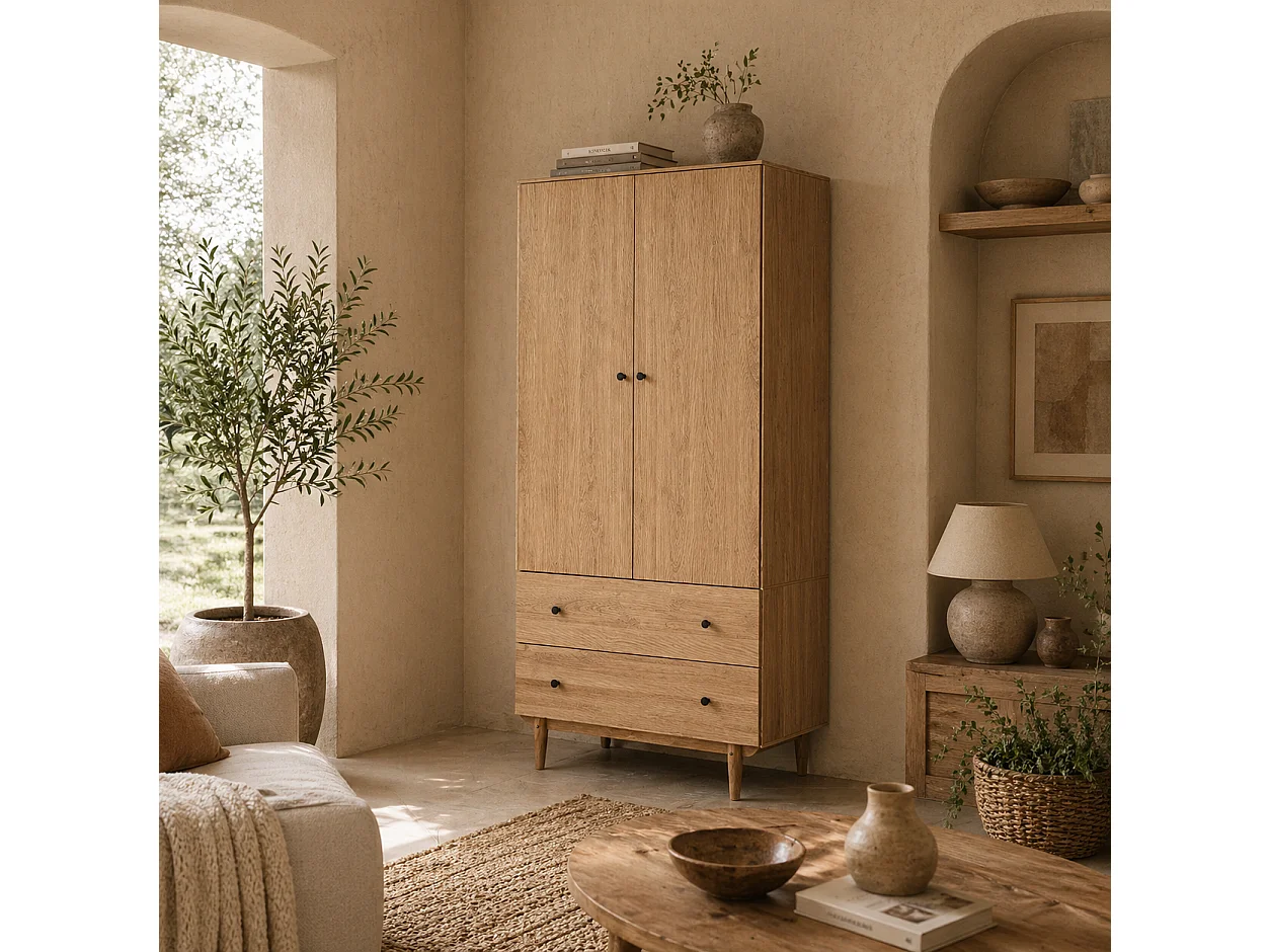 Coramar 2 Door Natural Wood Effect Wardrobe with Hanging Rail and 2 Drawers
