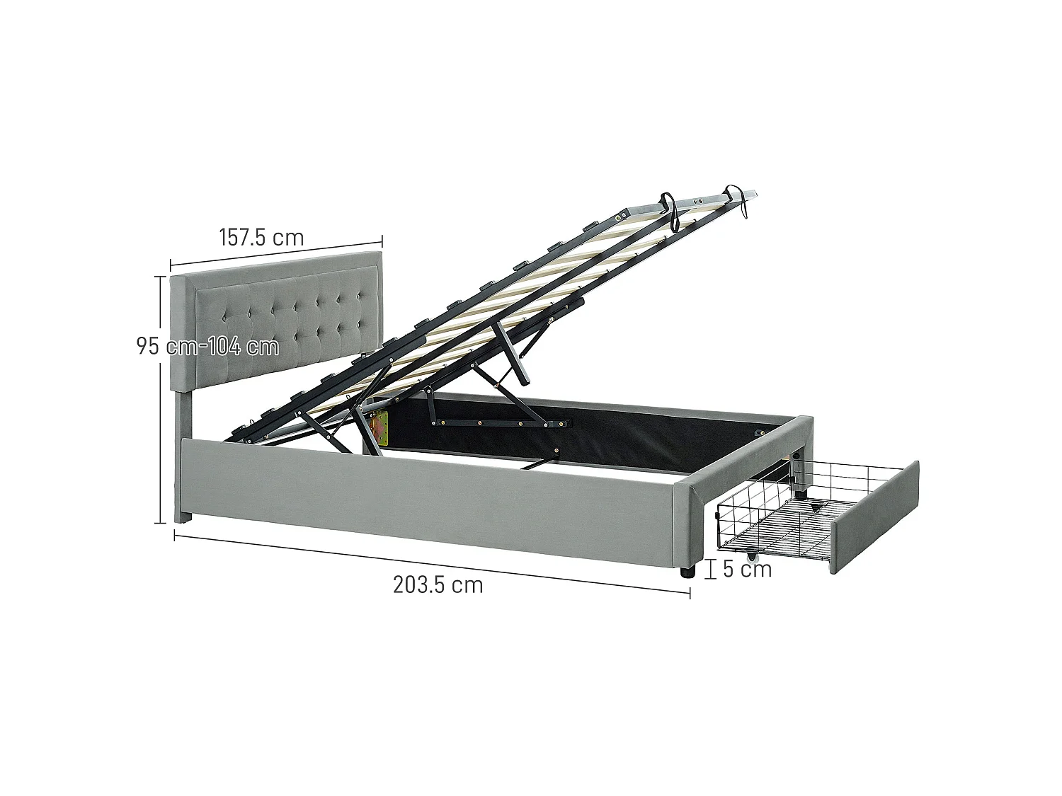Rela 4FT6 Ottoman Double Bed Frame with Lift Up Storage and Front Drawer Grey