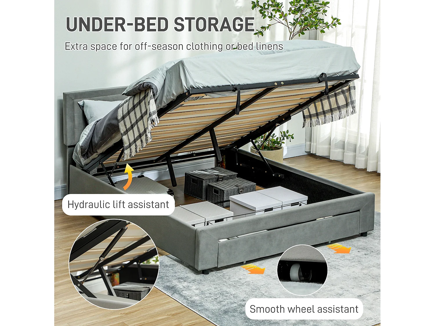 Rela 4FT6 Ottoman Double Bed Frame with Lift Up Storage and Front Drawer Grey
