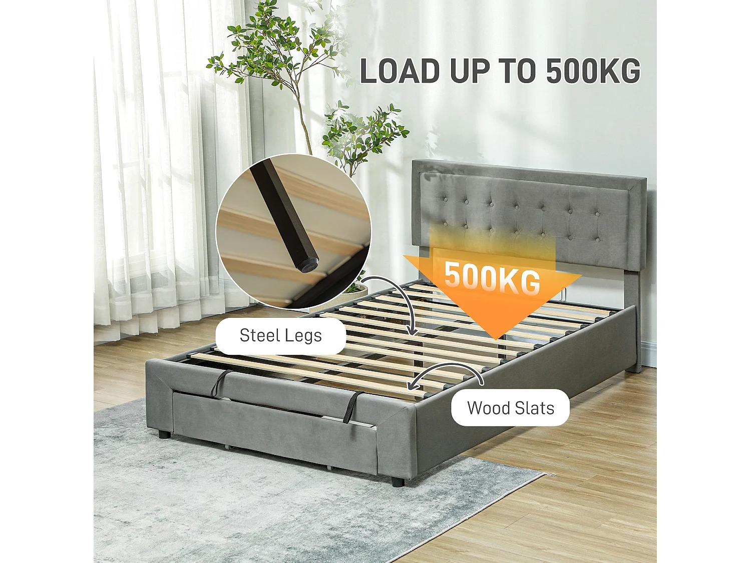 Rela 4FT6 Ottoman Double Bed Frame with Lift Up Storage and Front Drawer Grey