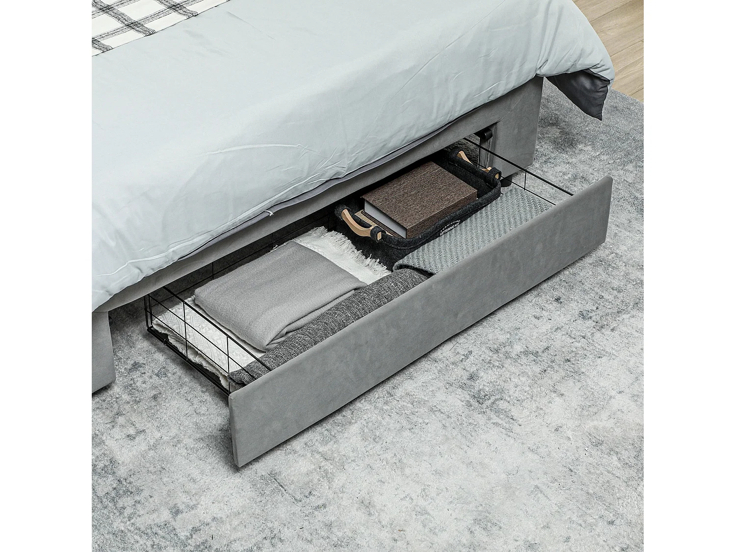 Rela 4FT6 Ottoman Double Bed Frame with Lift Up Storage and Front Drawer Grey