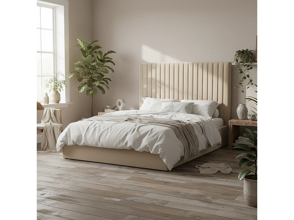 Dublin Taupe Velvet 4ft6 Double Ottoman Bed Tall Ribbed Headboard